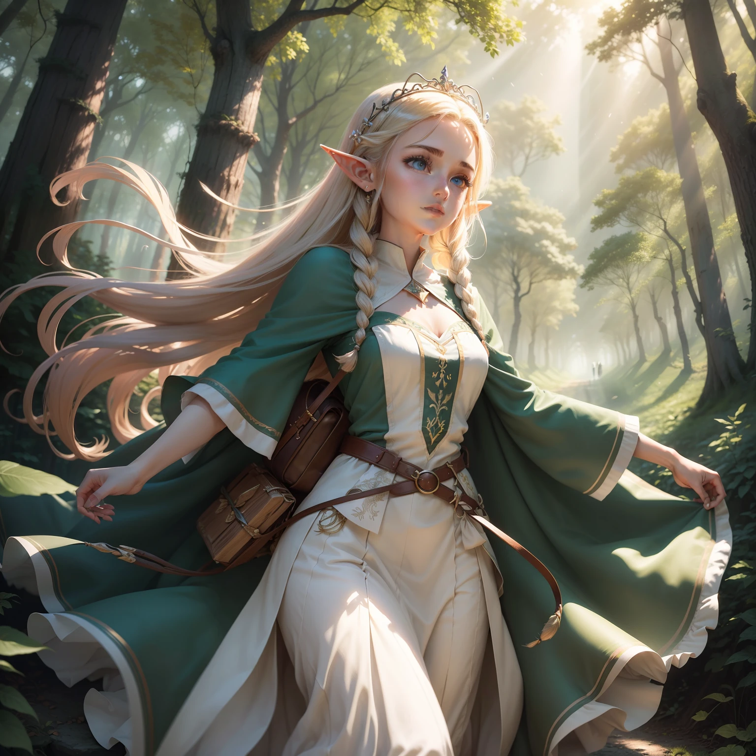 (A beauty),Fishbone braids,(Delicate hair accessories),(ears of elf) ,Princess on the run,Wood system(the elf),combat state,Armed with a bow and arrow, (the woods),Tyndall rays,Sunlight shines through the woods,The picture is beautiful,style of anime,k hd,(A long flowing dress),((Floating in mid-air))