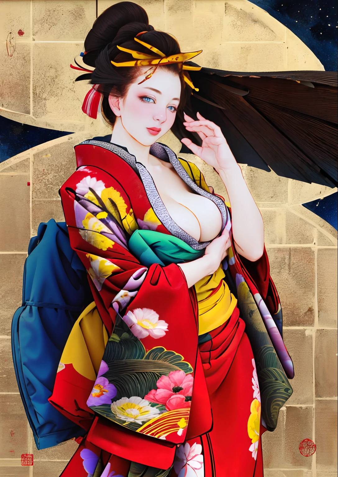 ulzzang -6500-v1.1,(Raw foto:1.2),((Photorealsitic:1.4)),top-quality,masterpiece, illustratio, extremely delicate and beautiful, extremely details CG,Unity,8k wallpaper, astonishing、finely detail, Official art,absurderes, Incredibly ridiculous, huge filesize, ultra-detailliert, hight resolution, (Raw photo, Best Quality, Mastery:1.2), (Realistic, Photorealsitic:1.4), (masuter piece:1.4), (Best Quality:1.4),1girl in、Cowboy Shot, 独奏、blue eyess、A dark-haired、hair adornments、Komono、Kimono、makeups、lipsticks、hair stick, perfectly proportions, Perfect growth, quite winding, 爆乳, The thighs are raw、Red kimono、Kanzashi、layered clothes、Art Parody、Glossy, Bewitching,