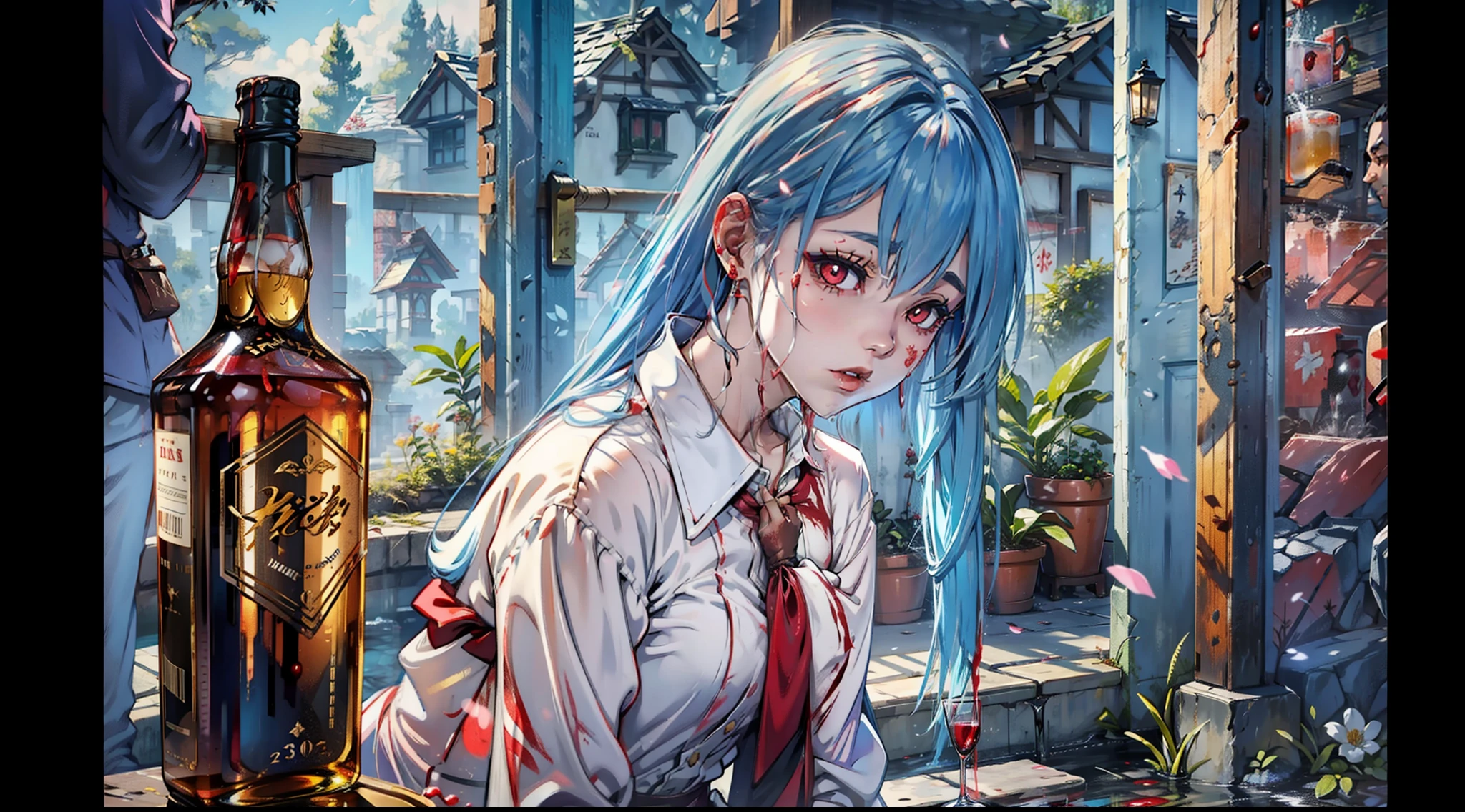 At the spring party, A beautiful vampire spilled red liquor on himself,Pee on yourself:1.3,She was going to the toilet:1.5