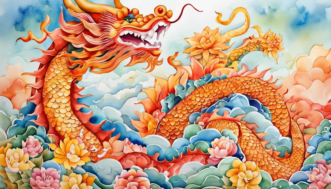 gold china dragon in sky, cloud, sun, wind, lunar new year, spring flower, red lantern, colorfull background, highest quality, Full HD, happy dragon, 2023, 3d, (paper art, Quilted Paper Art, Geometry), highly colorful, Anime beauty, Extremely colorful, Colorful illustrations, aquarelle((masterpiece))), illustration