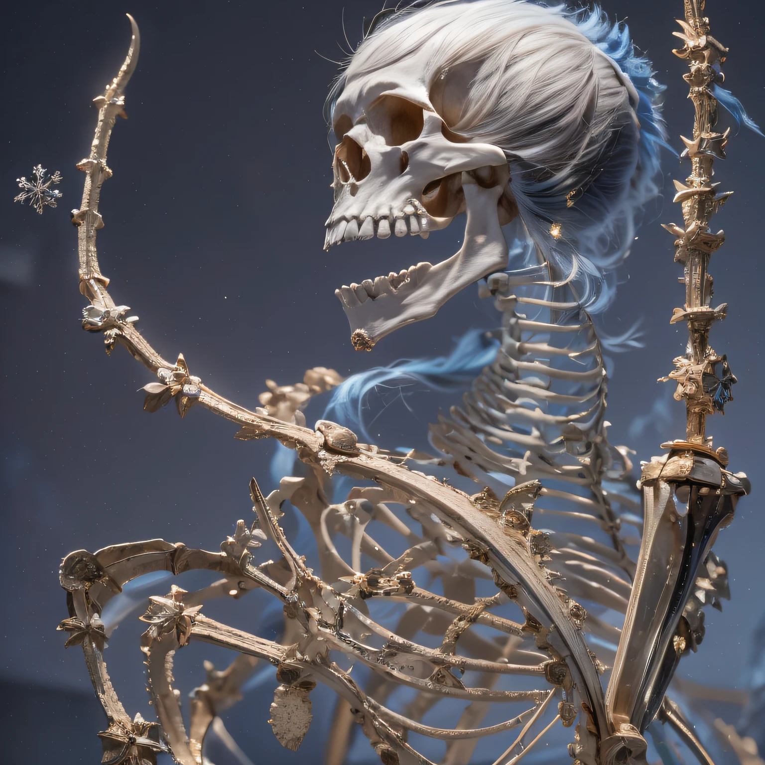 The skeleton of Shinzo Abe,Lunette de soleil,32K(tmasterpiece,k hd,hyper HD,32K)Purple-pink flowing hair,Golden Skeleton Jewelry District of the pond,Skeleton King ,Rusty copper dragon skull protector (The skeleton is realistic:1.4),Skull pattern robe,Purple-pink skull headdress,Snowflakes fluttering,The background is pure,Hold your head high,Be proud,The nostrils look at people, A high resolution, the detail, RAW photogr, Sharp Re, Nikon D850 Film Stock Photo by Jefferies Lee 4 Kodak Portra 400 Camera F1.6 shots, Rich colors, ultra-realistic vivid textures, Dramatic lighting, Unreal Engine Art Station Trend, cinestir 800,Hold your head high,Be proud,The nostrils look at people,Tsundere,Snowflakes fluttering,Snowflakes fluttering,Snowflakes fluttering,Snowflakes fluttering,Impeccable,( reasonable design, Clear lines, High sharpness,Best quality, Very detailed skeleton, The skeleton of a masterpiece, offcial art, movie light effect, 16K skeleton