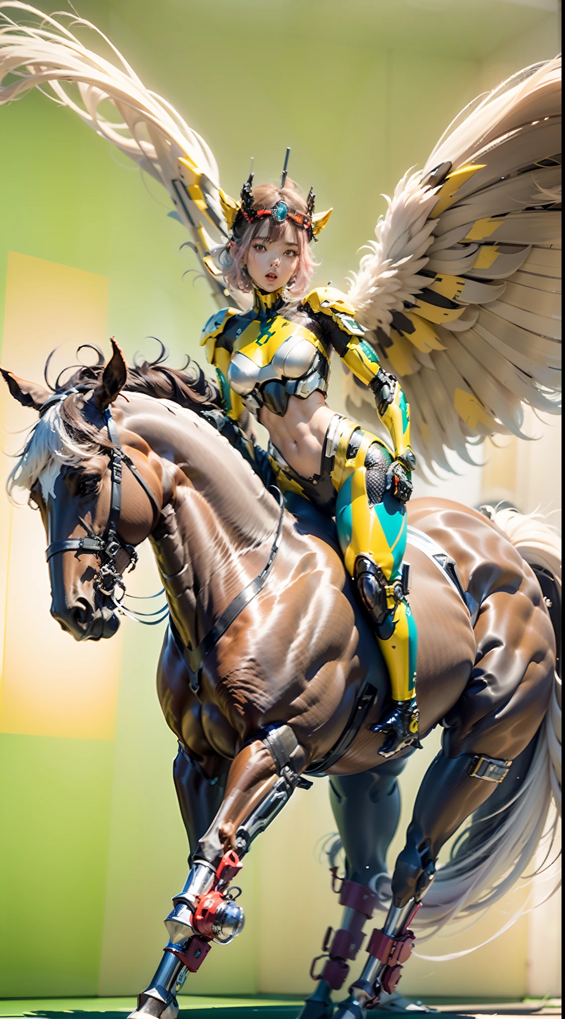 A female centaur，She is famous in the multiverse，She is both a female centaur, half human, half horse, half horse，It is also a female Yingzhao。She blends both images，The first is：（（The head of the horse/neck/Shoulder these parts，Replaced with a beautiful female human upper body）：9.9），of females are half-centaurs, half-horses, half-humans，The second is：（（The head of the horse/neck/lower back/hason/gluteal/Shijo Thigh Female Embodiment）：9.9），'s（（Female half-horse with beautiful woman's）：9.9，Chimer）：9.9），（It's like a female human wearing a half-horse-like costume and making a seamless chimera：9.9），This chimerization is based on powerful futuristic technology。The ultra-wide-angle lens captures the image of her beautiful and ethereal wings on the ionosphere launching a super-high-speed charge and leaping。Her front half is distinctly feminine，Tall sexy body，possessed（K cup giant coconut tit chest：9.9），It has a small man's waist butterfly straddling（Long legs：9.9），The embedded interface of the half-horse part of the bent feminine state of the back half of the body is in the hip position。（The horse-shaped, half-horse torso form of her back body is completely female humanization9.9）。The chest cavity of a woman in the shape of a bent dog style embedded in the lower back position of the beautiful woman's body starting from the upper part of the sternum/lower back/Ventral transverse。Then there are the sexy beauty's upright hips，（Her entire body has been completely female and replaced by a female body：9.9），Including the half-horse part。Mechanized armor covers the legs with knee-shaped anti-joints and feet，And these parts are highly anthropomorphic，This makes her legs graceful and slender，Her four horse legs exploded in length proportions and was slender and toned，Under the legs are skinny white feet dressed in Skyscraper Heels，Use Midjourney's advanced stroke tools and color palettes, as well as texture packs, model packs, and texture tools，Concentration，Include all parts of her