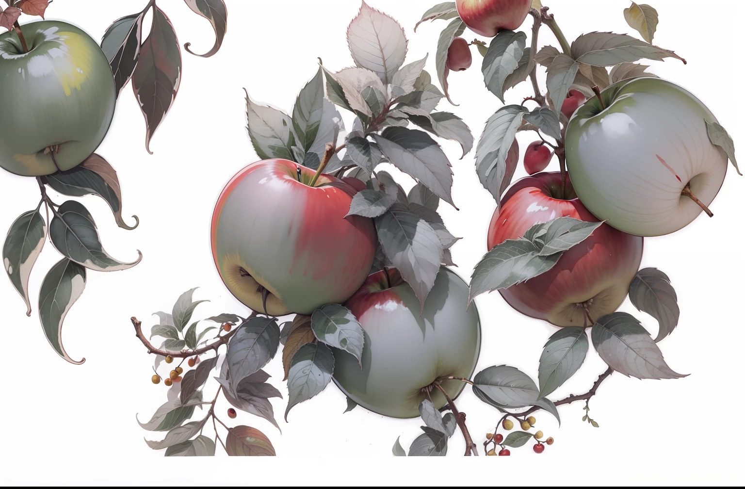 Color the picture,Red and yellow red Fuji apple,Green leaves,watercolour painting style,