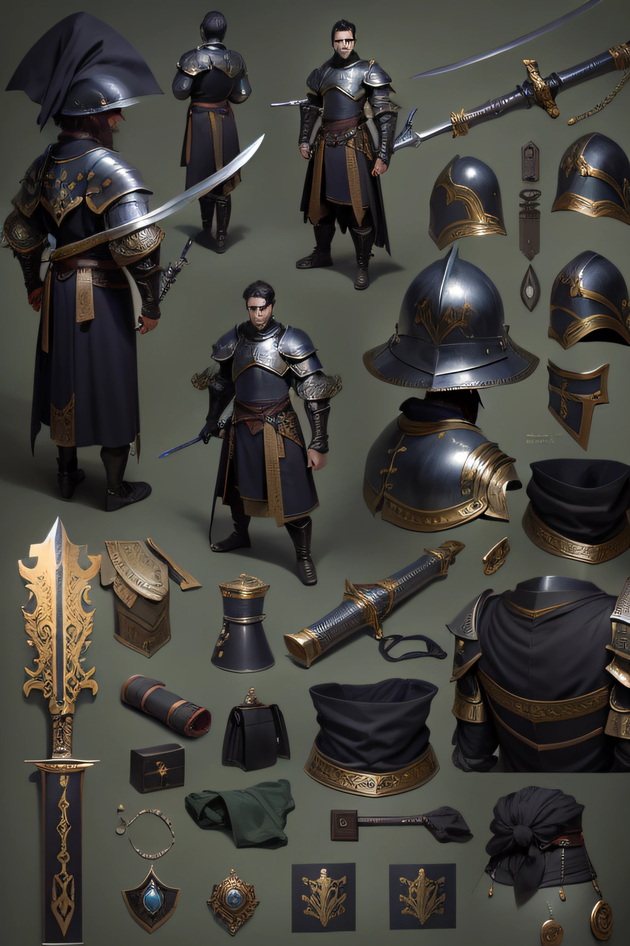 Young knight,wearing ornate armor,Hold a big sword in hand
Items and equipment listed on the side:
-armour
-sword
-Kneepads
- Handguards