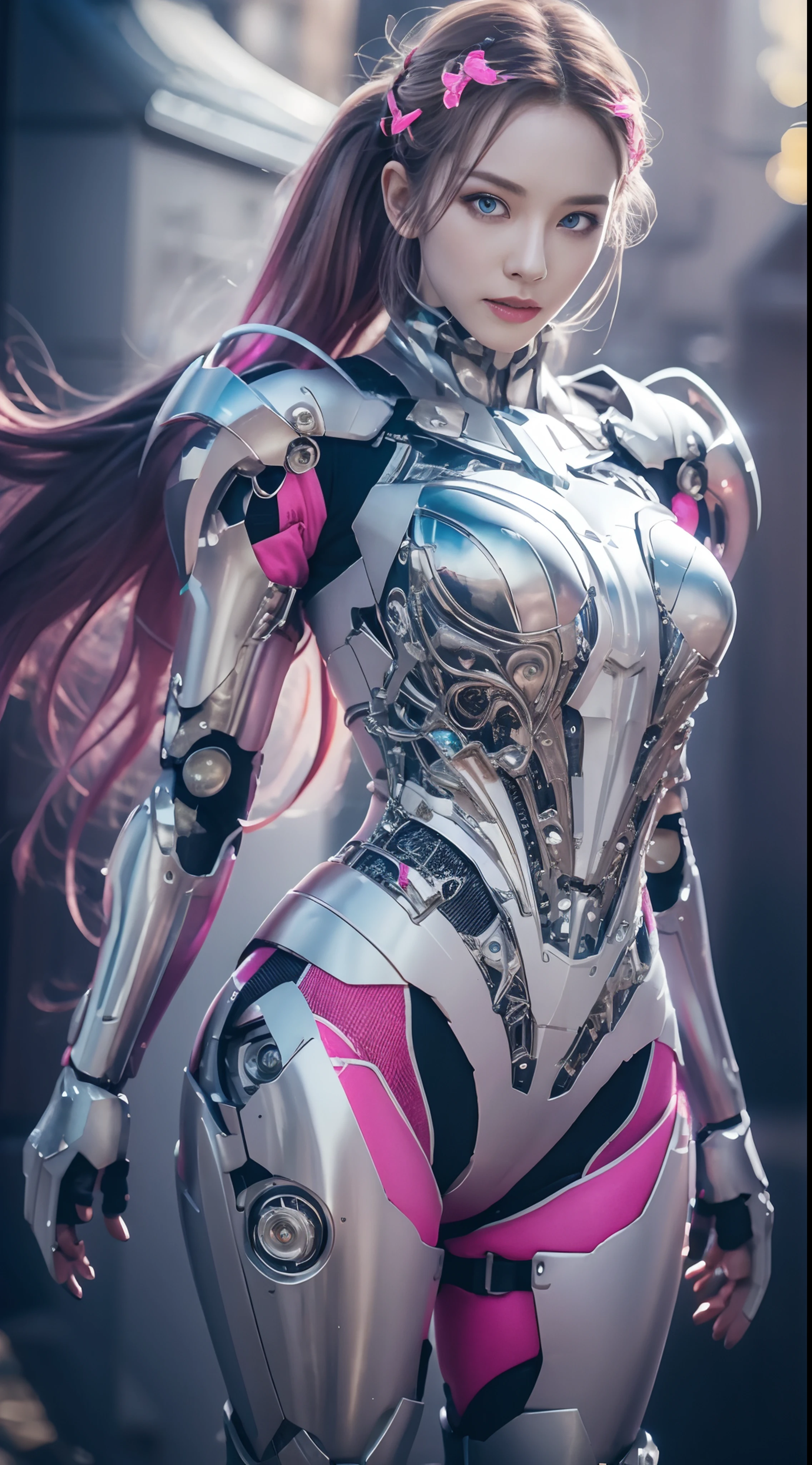 masterpiece, best quality, 1girl, solo, perfect face, looking at viewer, skin tight transparent vinyl, long blue hair, gray eyes, pale skin, shanyaogaoda, mecha,  pink armor with white part,  armor, helmet,  lineart, dimly lit, low key, sharp focus, octane, backlighting, machinery, backlighting, shiny clothes, mechanical legs, thrusters, flying, hair ornament,  high heels, shiny, artist name, standing, thighs, pink eyes, teeth, looking down, armored boots, cyborg, (big mechanical background:1.2), bare shoulders, lips, machine, The view from the bottom up, cosplay, RAW photo, delicate, best quality, (intricate details:1.3), hyper detail, finely detailed, colorful, 8k uhd, film grain, (studio lighting:1.2), (Fujifilm XT3), (photorealistic:1.3), (detailed skin:1.2)ultra high res, outside in the park with lake, best quality, photo, 4k, (photorealistic:1.4)