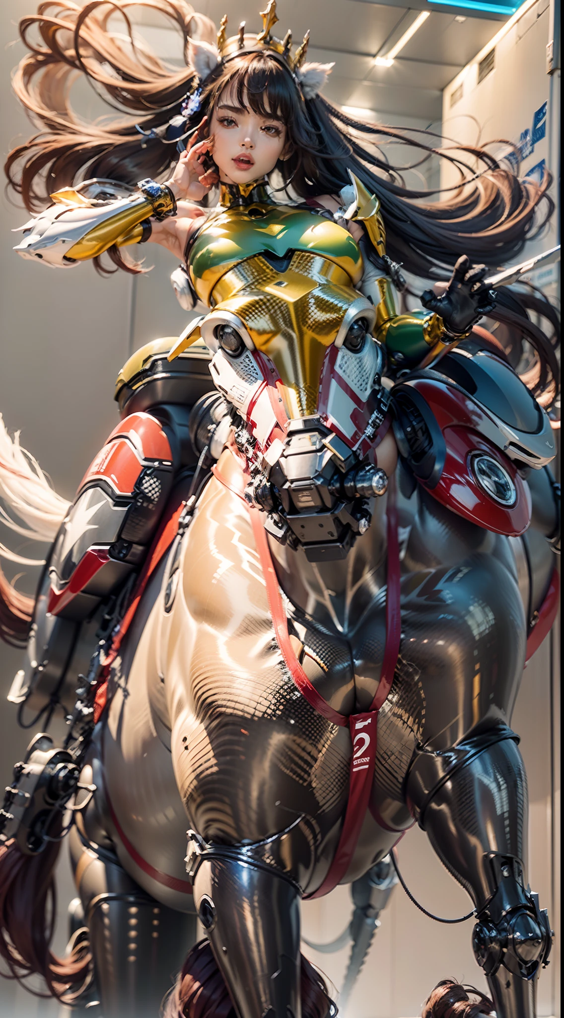 A female centaur,She is famous in the multiverse,She is both a female centaur, half human, half horse, half horse,It is also a female Yingzhao。She blends both images,The first is:((The head of the horse/neck/Shoulder these parts,Replaced with a beautiful female human upper body):9.9),of females are half-centaurs, half-horses, half-humans,The second is:((The head of the horse/neck/lower back/hason/gluteal/Shijo Thigh Female Embodiment):9.9),'s((Female half-horse with beautiful woman's):9.9,Chimer):9.9),(It's like a female human wearing a half-horse-like costume and making a seamless chimera:9.9),This chimerization is based on powerful futuristic technology。The ultra-wide-angle lens captures the image of her beautiful and ethereal wings on the ionosphere launching a super-high-speed charge and leaping。Her front half is distinctly feminine,Tall sexy body,possessed(K cup giant coconut tit chest:9.9),It has a small man's waist butterfly straddling(Long legs:9.9),The embedded interface of the half-horse part of the bent feminine state of the back half of the body is in the hip position。(The horse-shaped, half-horse torso form of her back body is completely female humanization9.9)。The chest cavity of a woman in the shape of a bent dog style embedded in the lower back position of the beautiful woman's body starting from the upper part of the sternum/lower back/Ventral transverse。Then there are the sexy beauty's upright hips,(Her entire body has been completely female and replaced by a female body:9.9),Including the half-horse part。Mechanized armor covers the legs with knee-shaped anti-joints and feet,And these parts are highly anthropomorphic,This makes her legs graceful and slender,Her four horse legs exploded in length proportions and was slender and toned,Under the legs are skinny white feet dressed in Skyscraper Heels,Use Midjourney's advanced stroke tools and color palettes, as well as texture packs, model packs, and texture tools,Concentration,Include all parts of her
