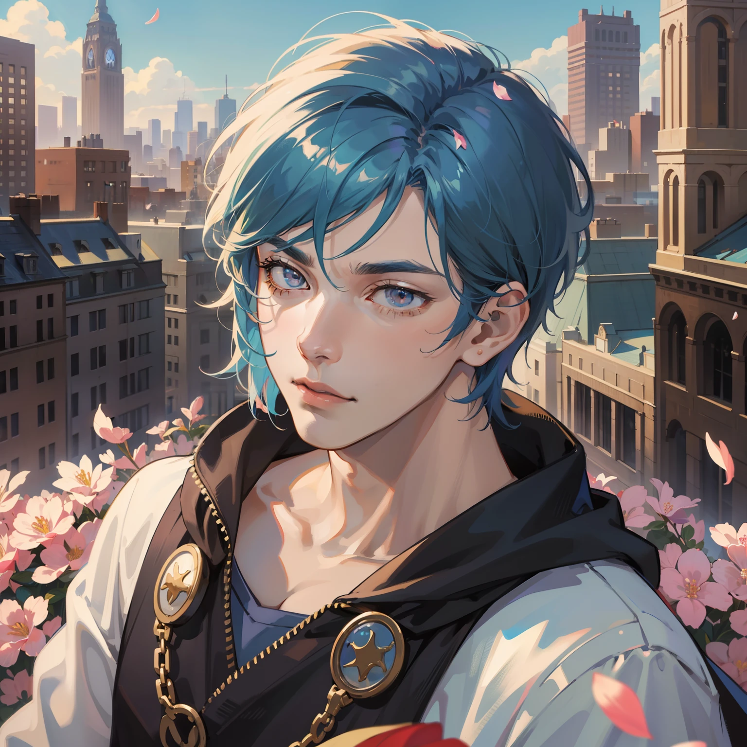 Best quality, masterpiece, potrait, avatar, half-body, tall muscular guy, 1 man, male, man focus, man only, short blue hair, Y2K style, brown eyes, 3/4 side, bright eyes, brilliant scene, sky, looking down, looking at the viewers, city background, flying petals, male face,