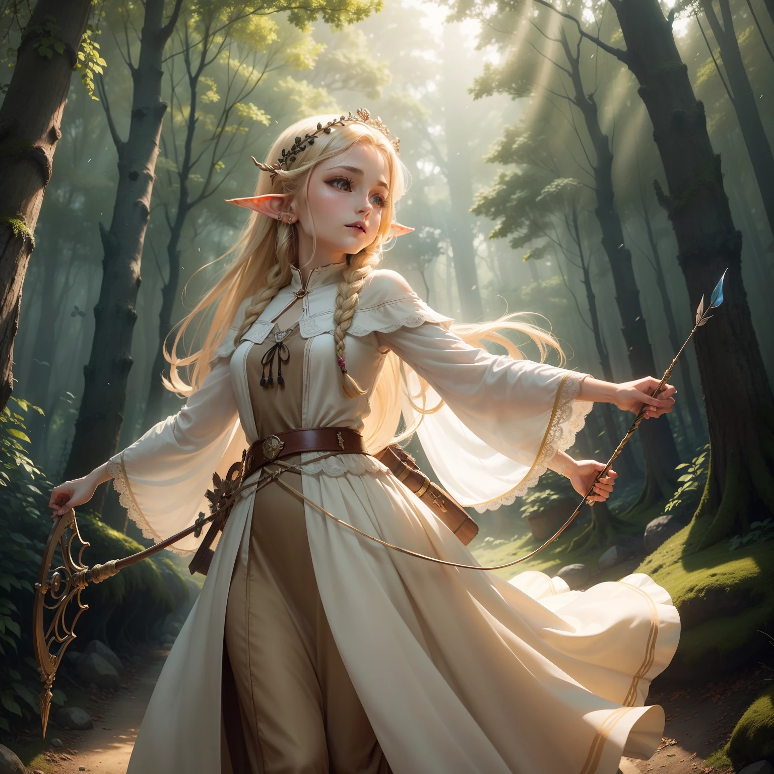 （A beauty），Fishbone braids，（Delicate hair accessories），（ears of elf） ，Princess on the run，Wood system（the elf），combat state，Armed with a bow and arrow， （the woods），Tyndall rays，Sunlight shines through the woods，The picture is beautiful，style of anime，k hd，（A long flowing dress），（Floating in mid-air）