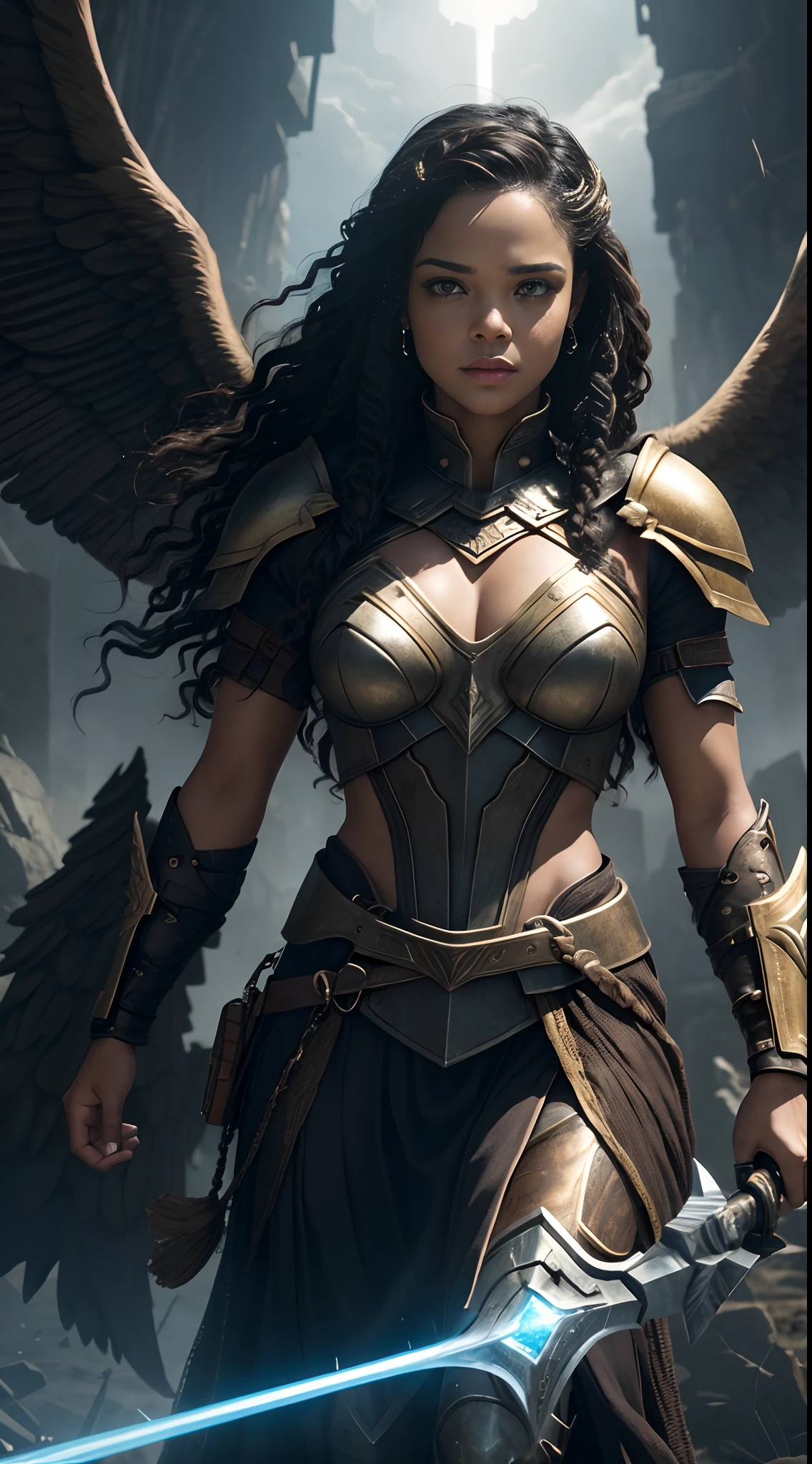 “Stormbringer: The Rise of the Valkyrie"

Immersed in a post-apocalyptic world, where the forces of evil have taken over the Earth, A dark and stormy sky dominates the landscape. Raios rasgam o horizonte, illuminating the darkness and revealing a majestic figure in the middle of the storm. É Tessa Thompson, playing the mighty Valkyrie in a realistic 3D representation.

Seu nome ressoa na mente dos sobreviventes, Echoing courage and hope in a desolate world. As leader of the Valkyries, She emerges from the shadows to lead a final battle against the forces of evil that threaten human existence.

Com seu traje de guerra reluzente, adorned with ancestral and golden symbols, the Valkyrie personifies justice and strength. Seu capacete brilha com intensidade, reflecting the rays that cut through the sky, while his cloak flutters in the wind, em perfeita harmonia com a tempestade. She holds an electric spear, carregada com poderes divinos, pronta para enfrentar qualquer desafio que surgir em seu caminho.

Through 3D technology, every detail of Tessa Thompson's face is accurately captured, highlighting his determined and courageous expression. His eyes sparkle with determination, as she faces her enemies with a mixture of fury and compassion.

In this epic narrative, the Valkyrie embarks on a perilous journey to reunite humanity's last survivors, inspiring them to stand up against the darkness that threatens to consume everything. Your courage and leadership are key to restoring hope and creating a new era of peace and prosperity.

“Stormbringer: The Rise of the Valkyrie" is a cinematic 3D epic,