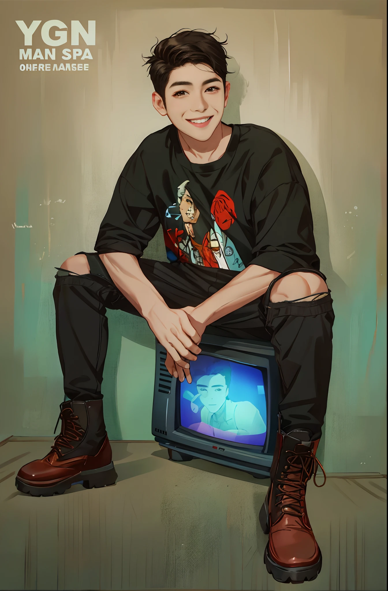 arafed man sitting on a tv with a smile on his face, with a cool pose, random artist, cute,  nivanh chanthara, full protrait, casual pose, modeling shoot, television, full body portrait shot, potrait, headshot profile picture, inspired by Kun Can, television still.