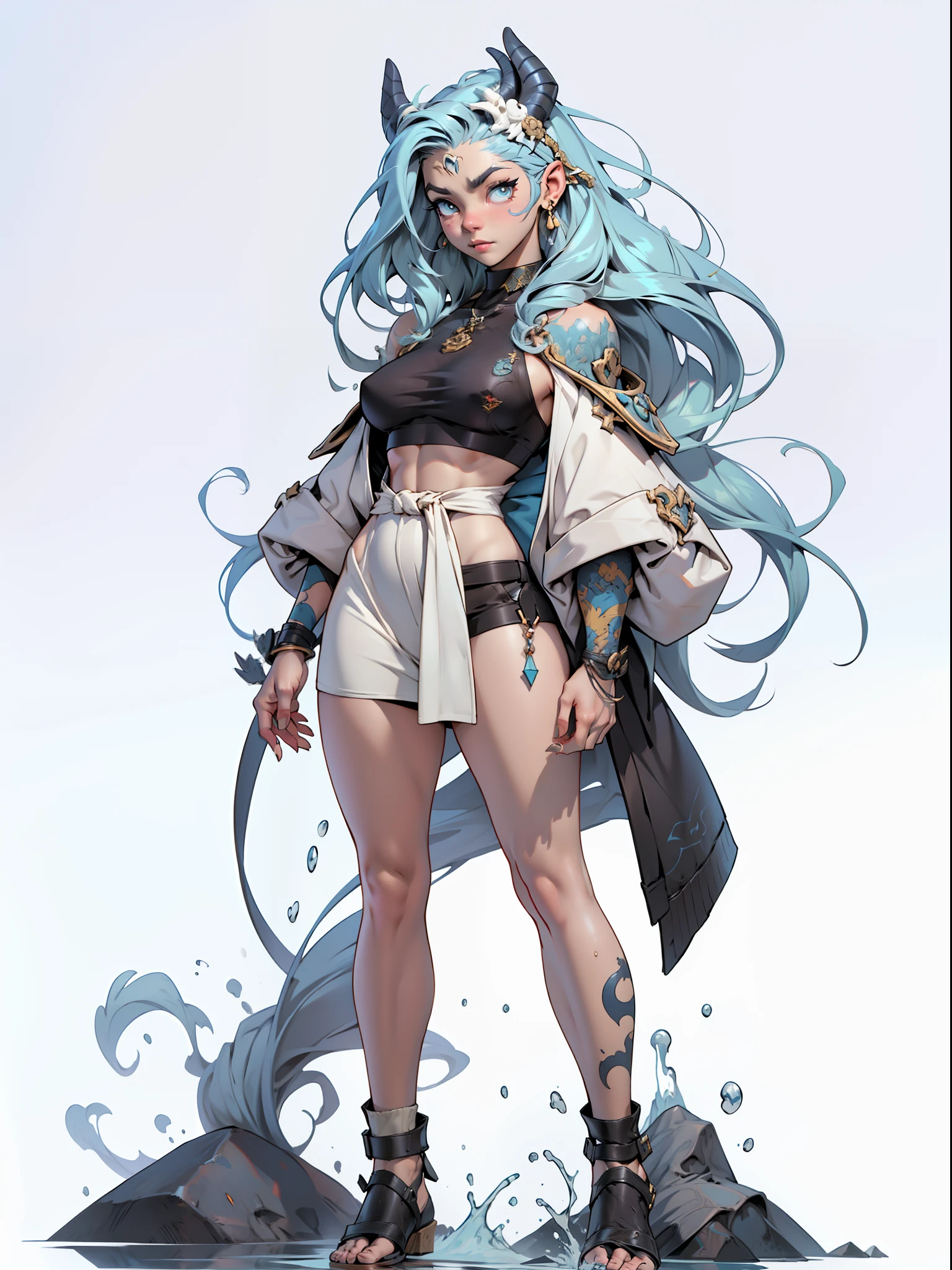 ((top-quality))、((tmasterpiece))、((Full body photo of a woman))、((very simple background))、(Game character design)、amazon warrior,Primitive barbarian tribal style,Water element chest shell,exposed navels,Animal skin clothing,cloaks,Blue clothes,Blue demon monster、monster design,(Water Goddess,Marine element merger)、Cartoony、Beastman、Ivory ornaments、独奏、Fighting posture,Riot game concept art