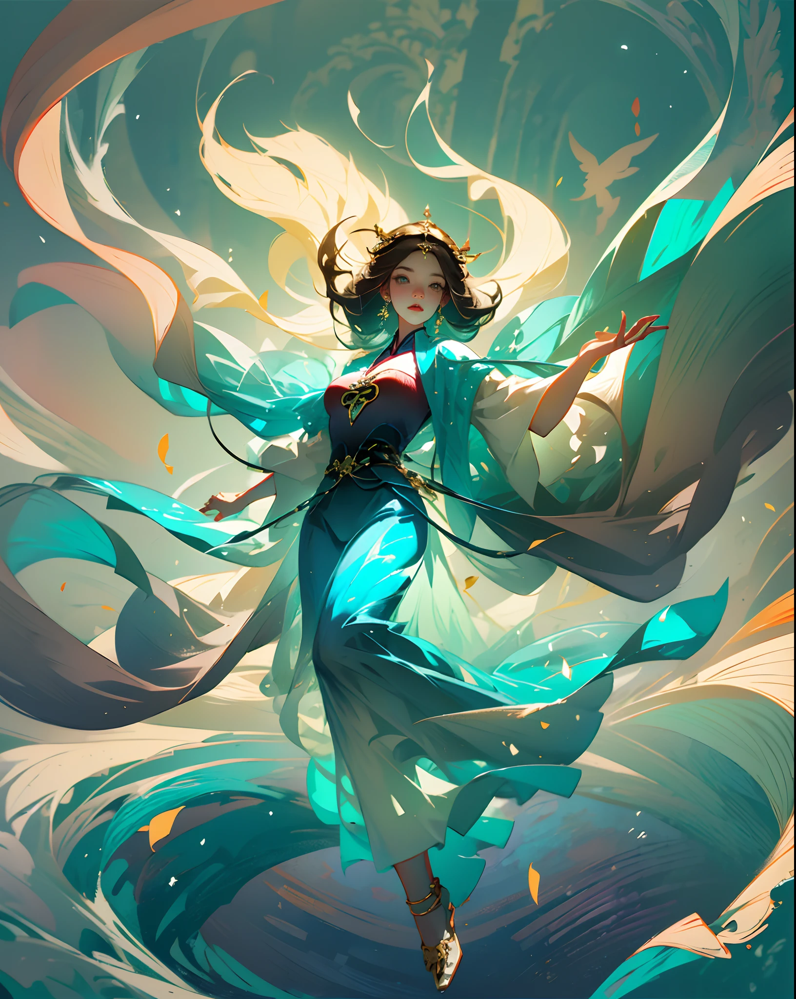 Graphic illustration，succinct，A classical woman flies through the air, she is floating in the air, Beautiful young wind spirit, A beautiful artwork illustration, an ancient Chinese goddess, silk flowing in wind, flowing hair and long robes, elegant floating pose, wind blown，hair flowing, --auto --s2