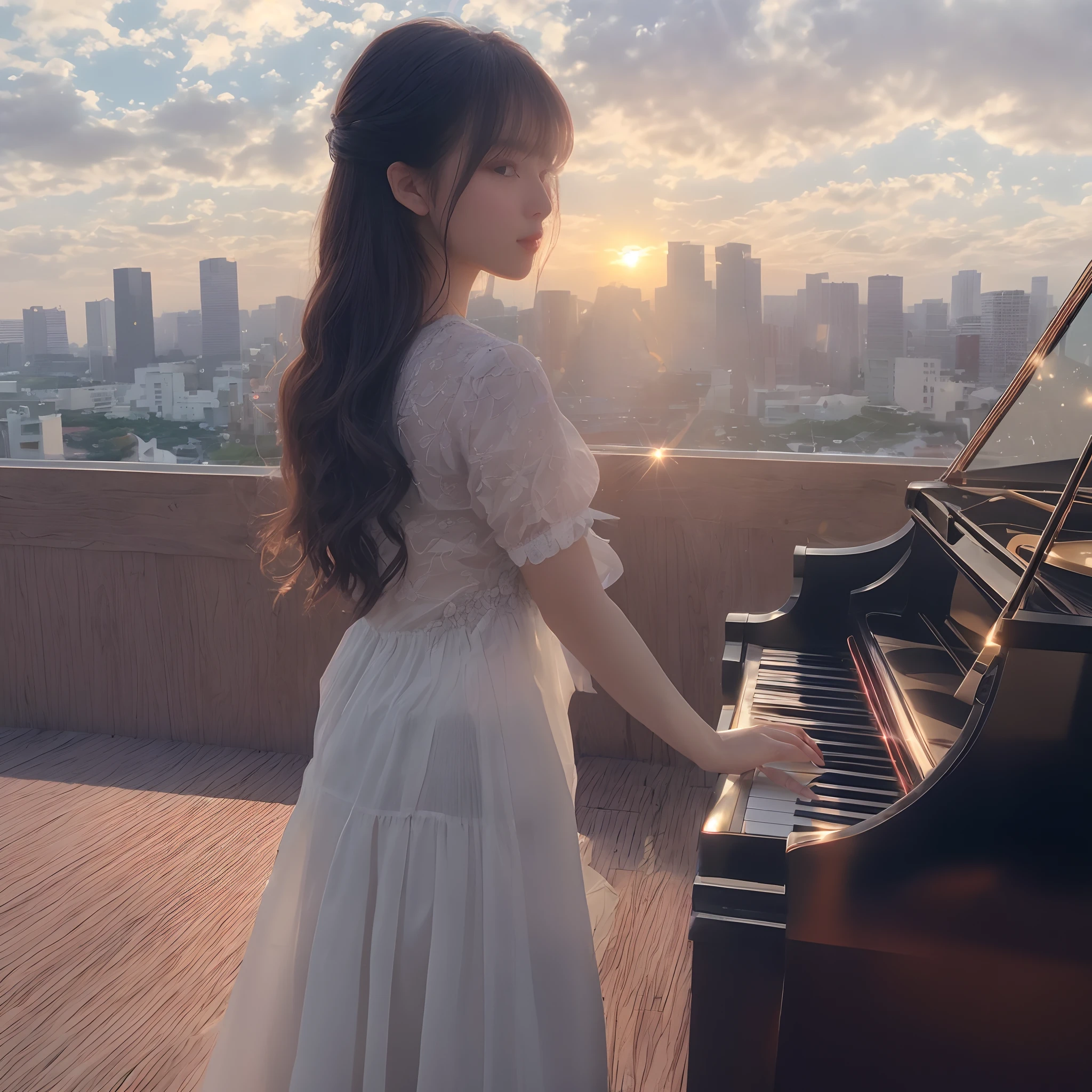 There are piano keys drawn precisely according to perspective.、Reflecting sunlight at sunset