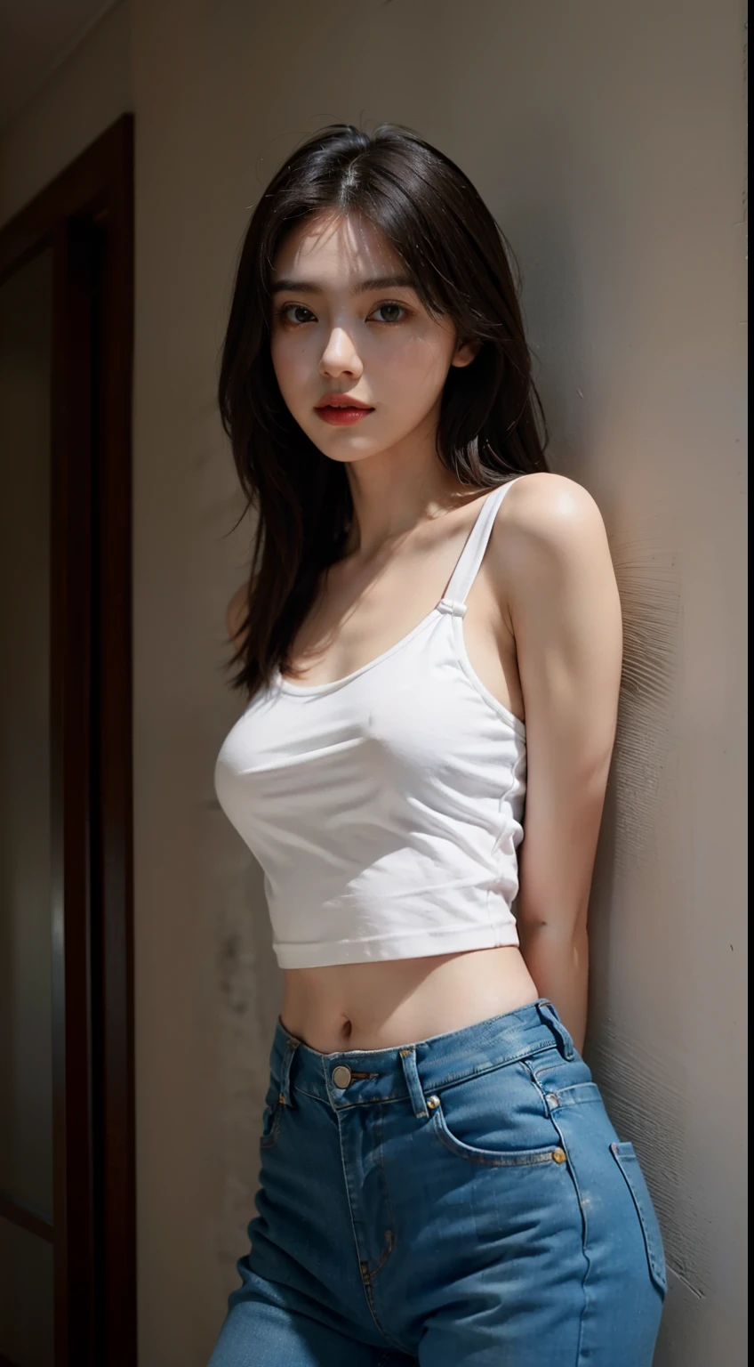 Girl posing for photo in white bra and tight denim, arms behind back, full body, with cropped t-shirt, bra, slim figure, smaller bust, slim girl model, 24 year old female model,