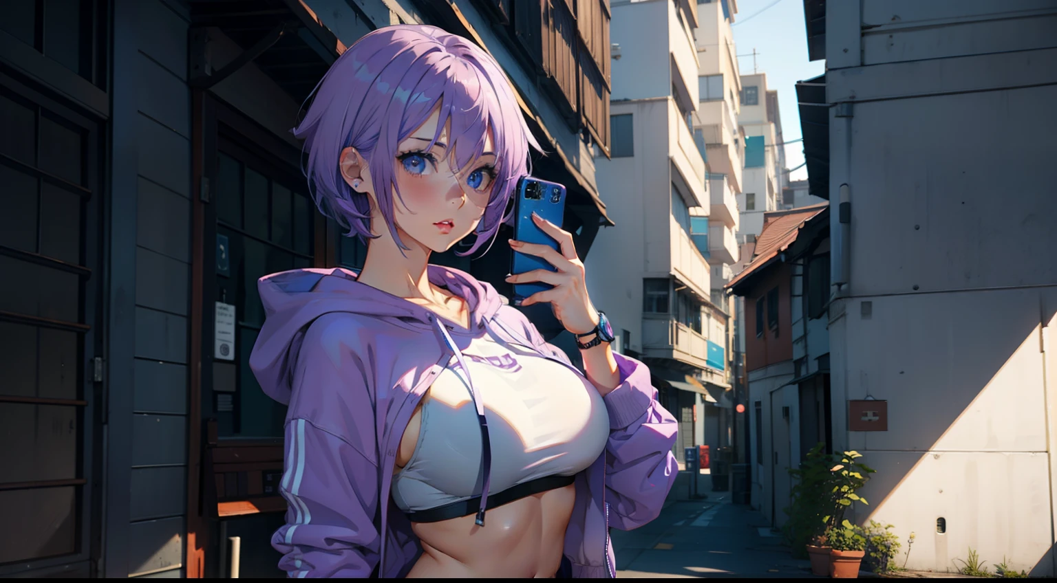 Short hair, purple white hair color, shorts jean,big boobies, hoodie,blue eyes, 1 girl, 1 girl selfie,alone,alone girl