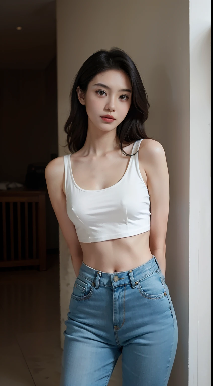 Girl posing for photo in white bra and tight denim, arms behind back, full body, with cropped t-shirt, bra, slim figure, smaller bust, slim girl model, 24 year old female model,