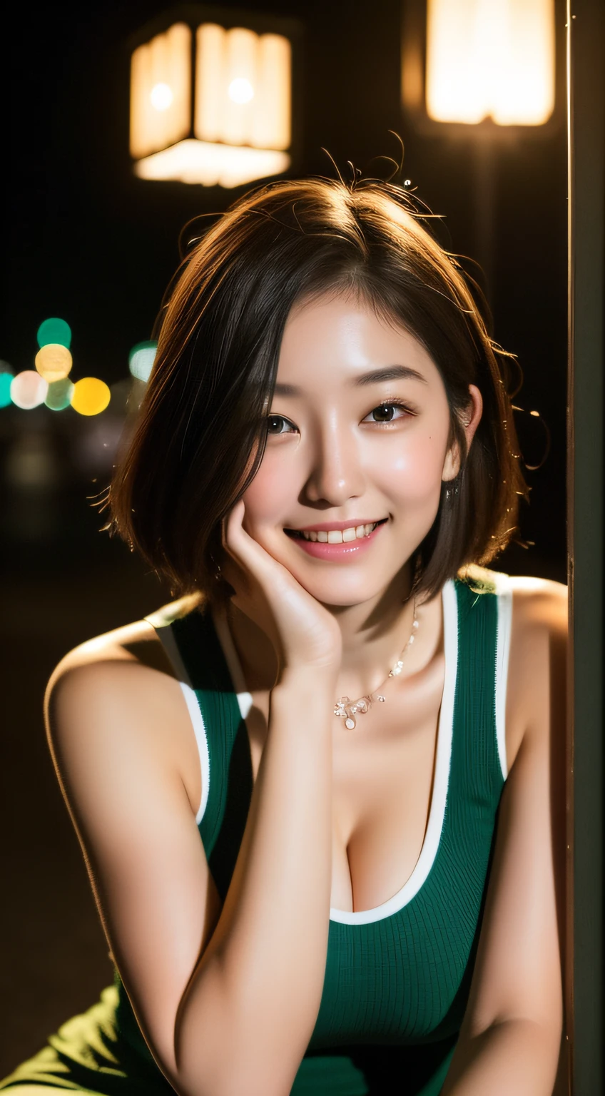 sitting with knees arised、a smile、Woman looking at night view、short-hair、(Colossal tits:1.4)、(masterpiece、top-quality)、((20 year old woman:1.2))、Young adorable Japan face, dewy skin, Soft portrait shots,8K