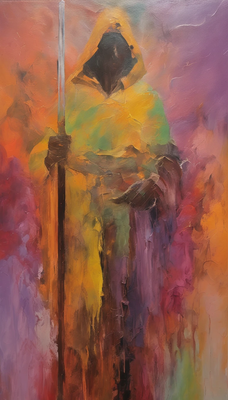 An ancient heroine with a sword,Surrounded by purple smoke