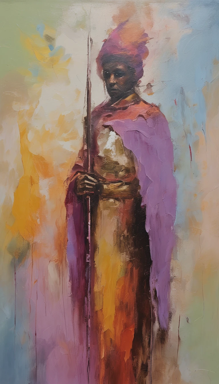 An ancient heroine with a sword，Surrounded by purple smoke
