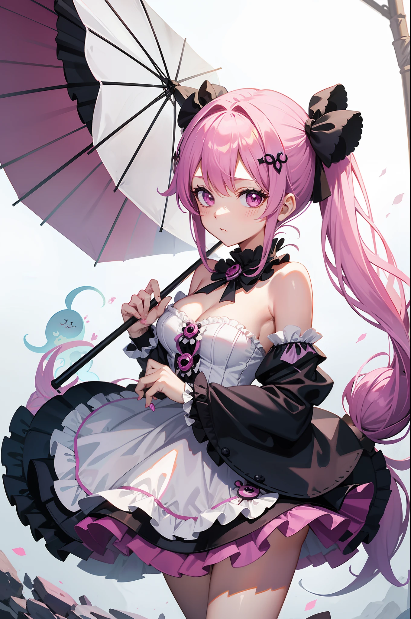 one piece ghost princess perona, ghost and sakura aura, holding a cute umbrella, black pink gothic outfit, hair tied into two pigtails with black and white flower hairpins, cute body shape