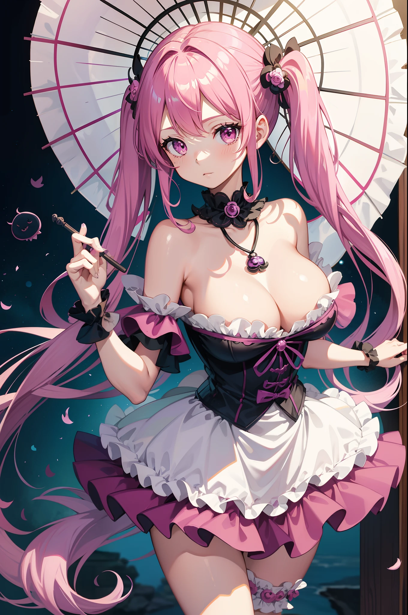 one piece ghost princess perona, ghost and sakura aura, holding a cute umbrella, black pink gothic outfit, hair tied into two pigtails with black and white flower hairpins, cute body shape