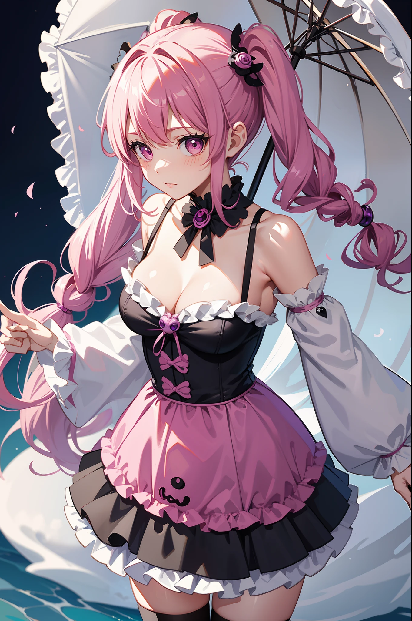 one piece ghost princess perona, ghost and sakura aura, holding a cute umbrella, black pink gothic outfit, hair tied into two pigtails with black and white flower hairpins, cute body shape