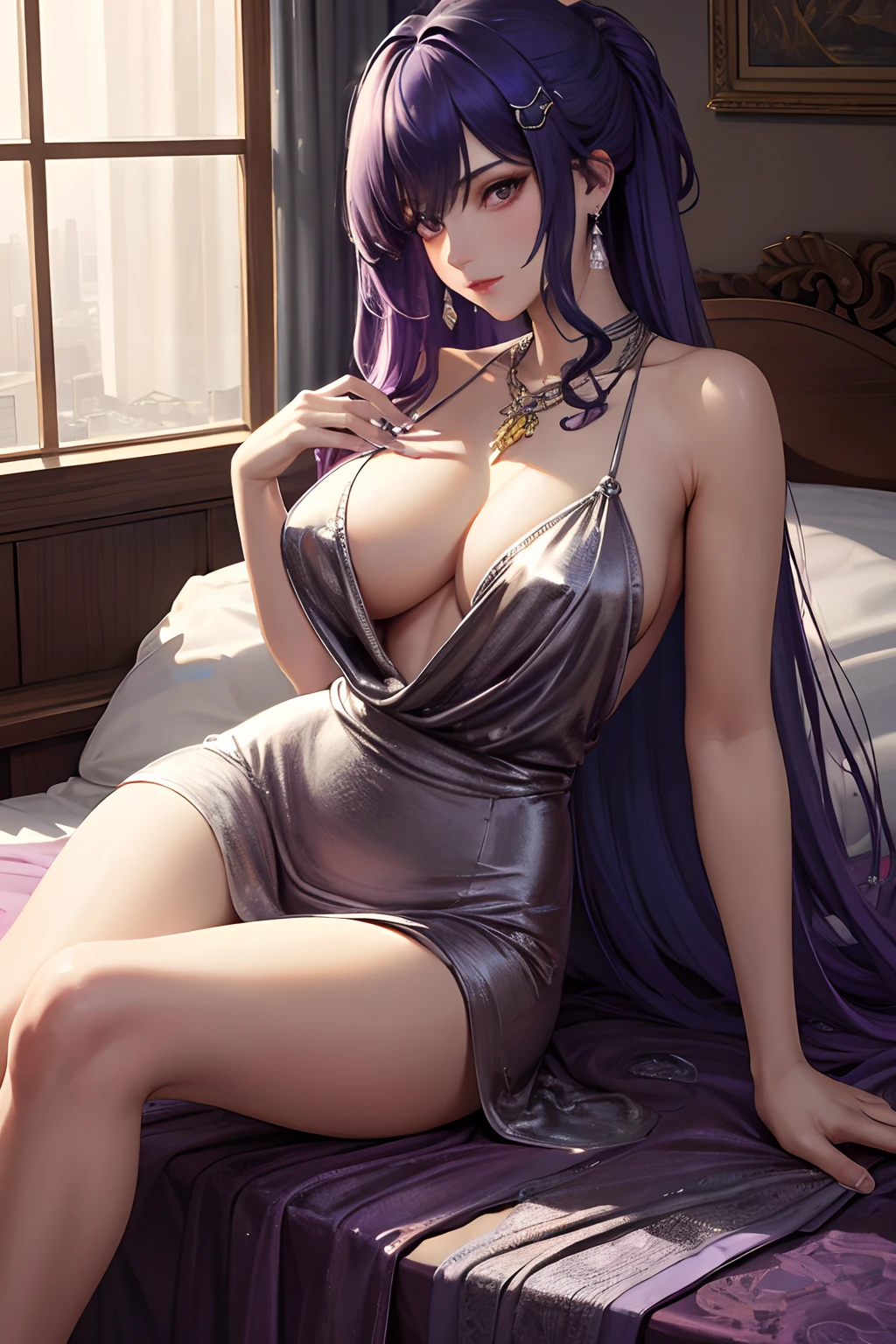 ((masterpiece, best quality)), highres, highest quallity, illustration, cinematic light, ultra detailed, detailed face, (detailed eyes), (very long purple hair: 1.2), (loose hair: 1.5), purple hair, pink eyes, best quality, hyper detailed, masterpiece, (detailed face), large breasts, hair ornament, earrings, necklace, portrait, silver dress, revealing clothes,highest details, luminous eyes, (hotel:1.2), sitting in bed, sitting, bed, window, night sky, backlighting, light rays, (high contrast), (colorful),