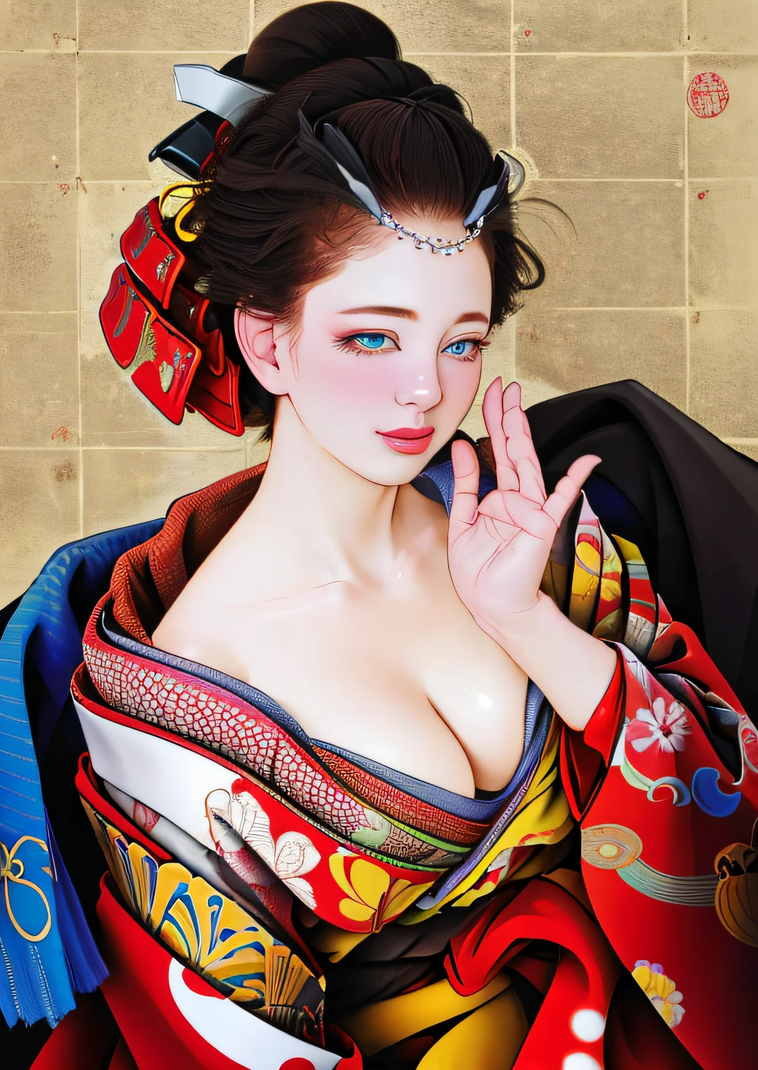 ulzzang -6500-v1.1,(Raw foto:1.2),((Photorealsitic:1.4)),top-quality,masterpiece, illustratio, extremely delicate and beautiful, extremely details CG,Unity,8k wallpaper, astonishing、finely detail, Official art,absurderes, Incredibly ridiculous, huge filesize, ultra-detailliert, hight resolution, (Raw photo, Best Quality, Mastery:1.2), (Realistic, Photorealsitic:1.4), (masuter piece:1.4), (Best Quality:1.4),1girl in、Cowboy Shot, 独奏、blue eyess、A dark-haired、hair adornments、Komono、Kimono、makeups、lipsticks、hair stick, perfectly proportions, Perfect growth, Quite winding, 爆乳, The thighs are raw、Red kimono、Kanzashi、layered clothes、Art Parody、Glossy, Bewitching,