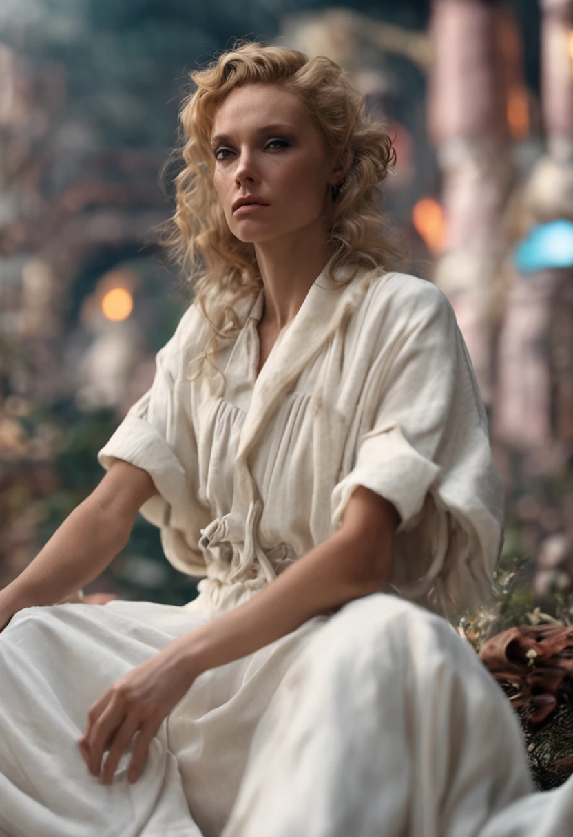 white  clothes，Coiled hair，Back facing the lens，noble，Photorealistic photos