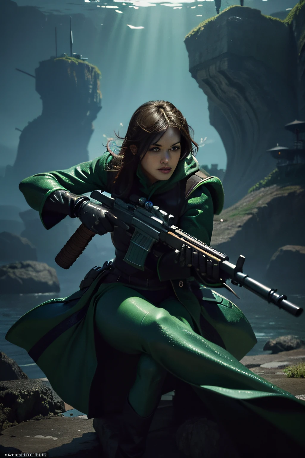 Rogue green frog, Guns and daggers, Aquatic mobile cities , Digital illustration, full bodyesbian, Centered, Dynamic, Highly detailed, art stations, concept-art, smooth, Sharp focus, illustration, The Art of Walt Disney