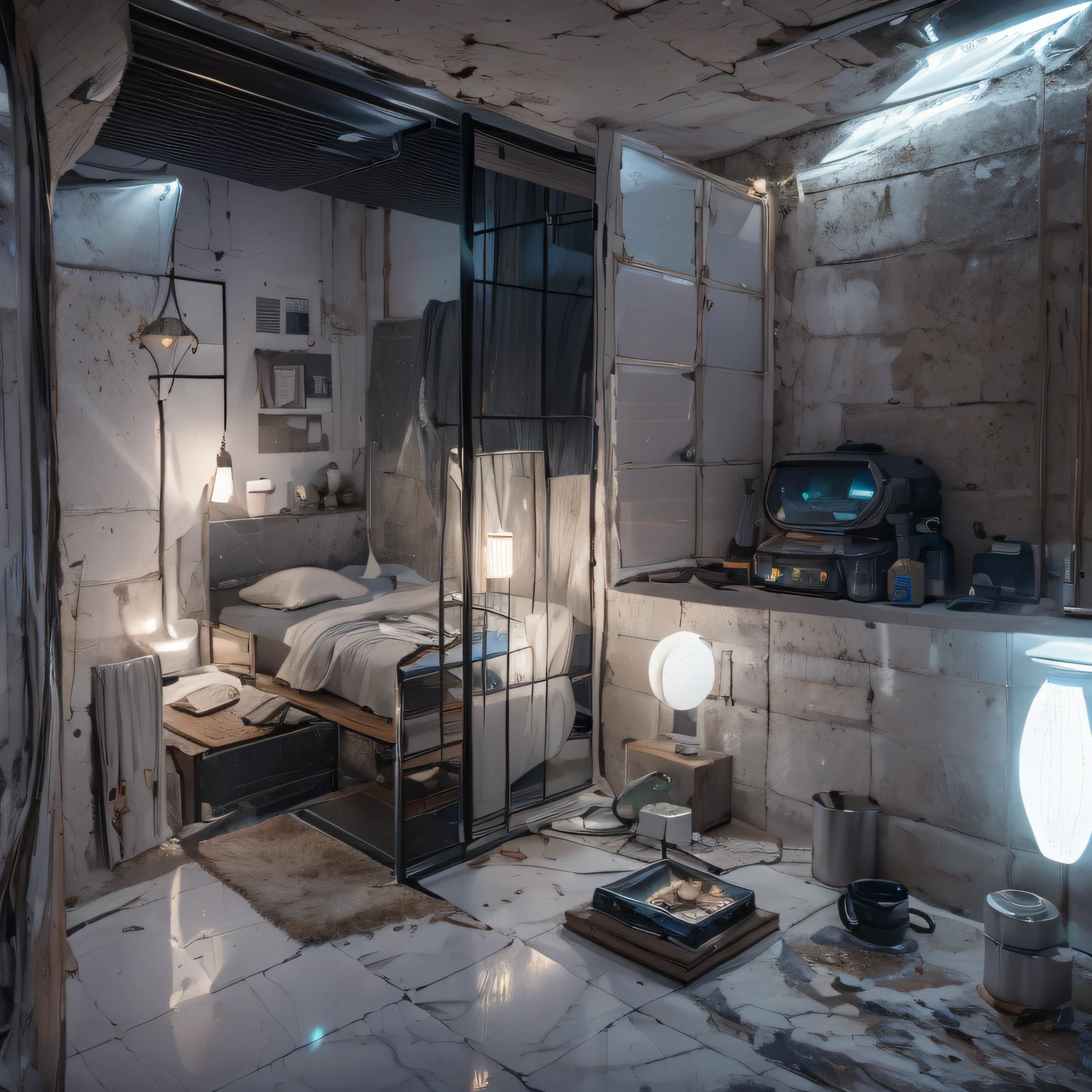 backrooms,deep in the night,Ivory white marble floor,Waterscape cyberpunk,hyper HD,Ambience camping light,There is a skylight,