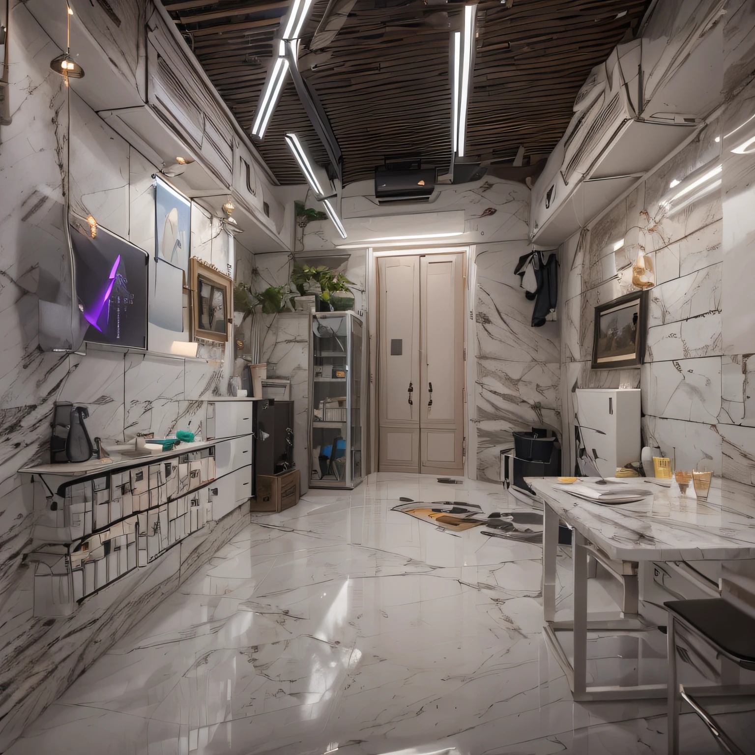 backrooms,deep in the night,Ivory white marble floor,Waterscape cyberpunk,hyper HD,Ambience camping light,There is a skylight,