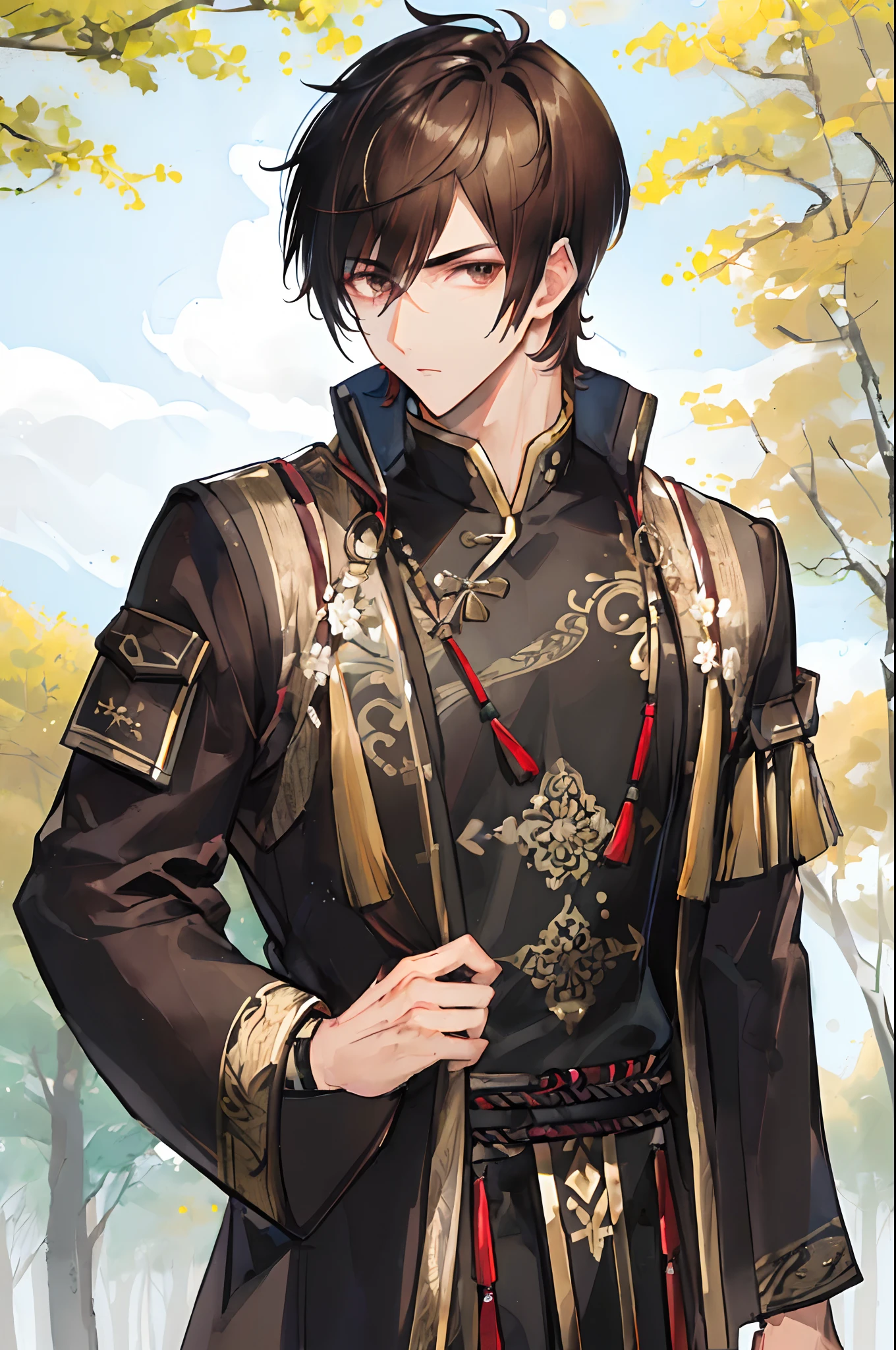 ((Man:1.33), (Short hair:1.1), (Male hair:2), Strong, (Male focus:1.61), Brown hair, cool guy, , (Muscular:0.33), Portrait, looking at viewert ,frontage,(Chinese tunic jacket),(Fashionab:1.1),((Big face:1.51)),A high resolution,4K,8K,Detal Face,Detail Skins,(Loose clothing:1.5),Asian people,softlighting, forest backgrou