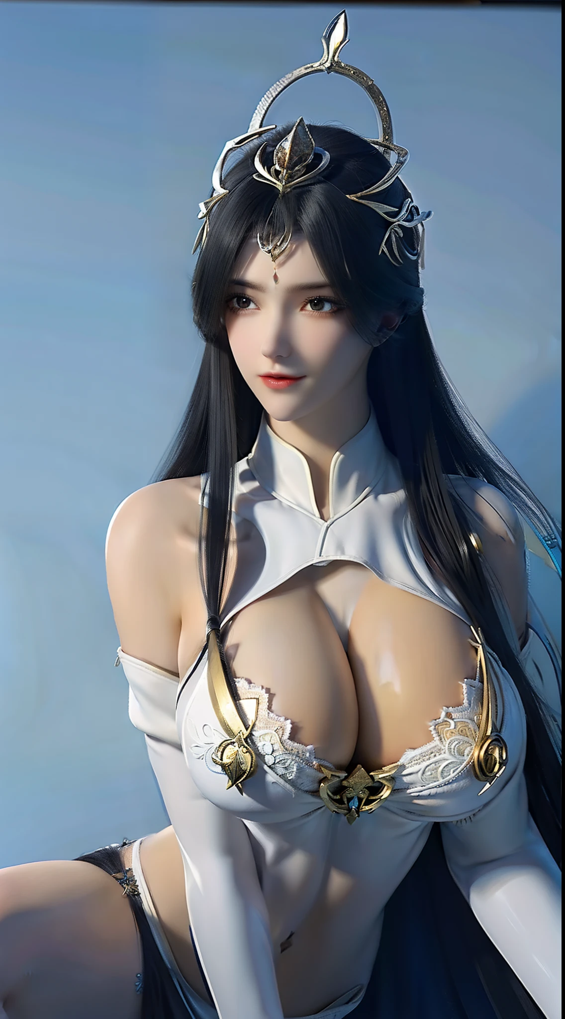 A girl, black color hair, long whitr hair, exquisite facial features, Smart eyes, adolable, prette, wearing white bikini, Lace, (((huge tit))), black lence stockings, High quality silk, In the bedroom, Above the legs, Directly above view, perfect bodies, noble, ellegance, RAW photo, best illuminate, Highest high resolution, 16K, The most intricate details, The sharpest picture quality, Very realistic,