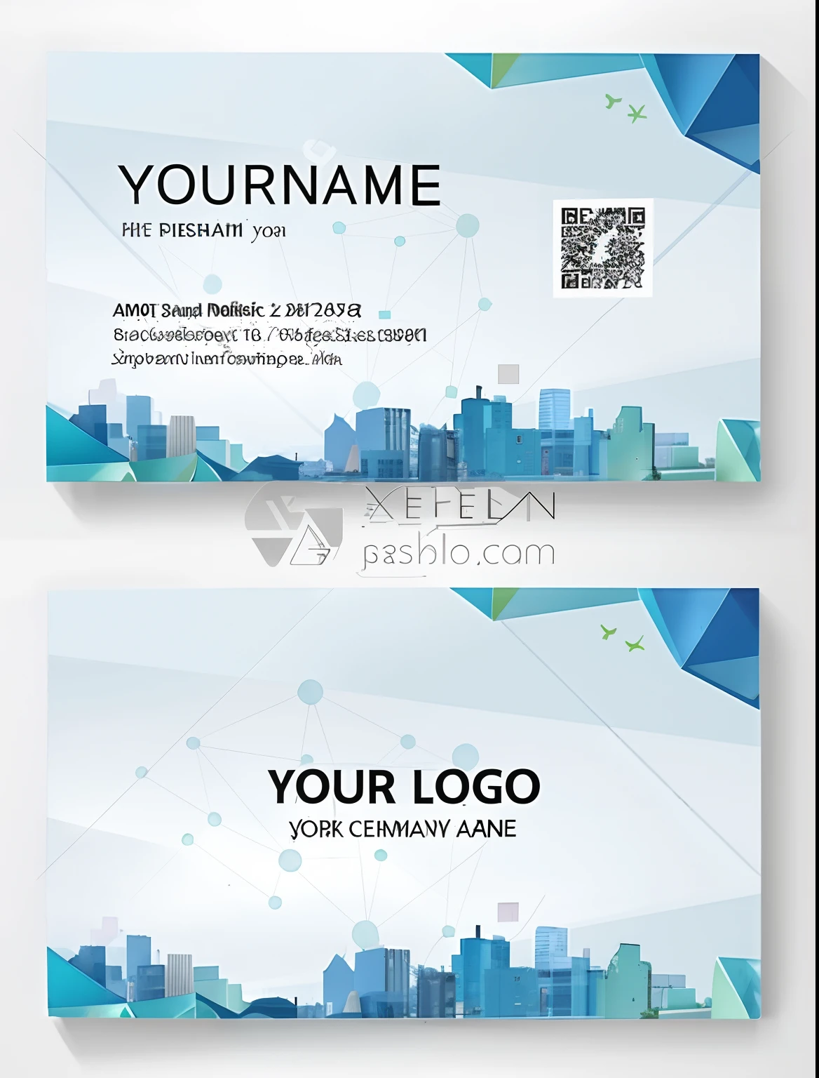 Business card template with cityscape and QR code, business card, digital art - w 640, Detailed picture, shenzhen, Card templates, simple elegant design, full card design, high quality of sketching, Simple illustration, high-quality picture, 2 0 2 2 photo, - h 8 5 0 - w 6 0 0