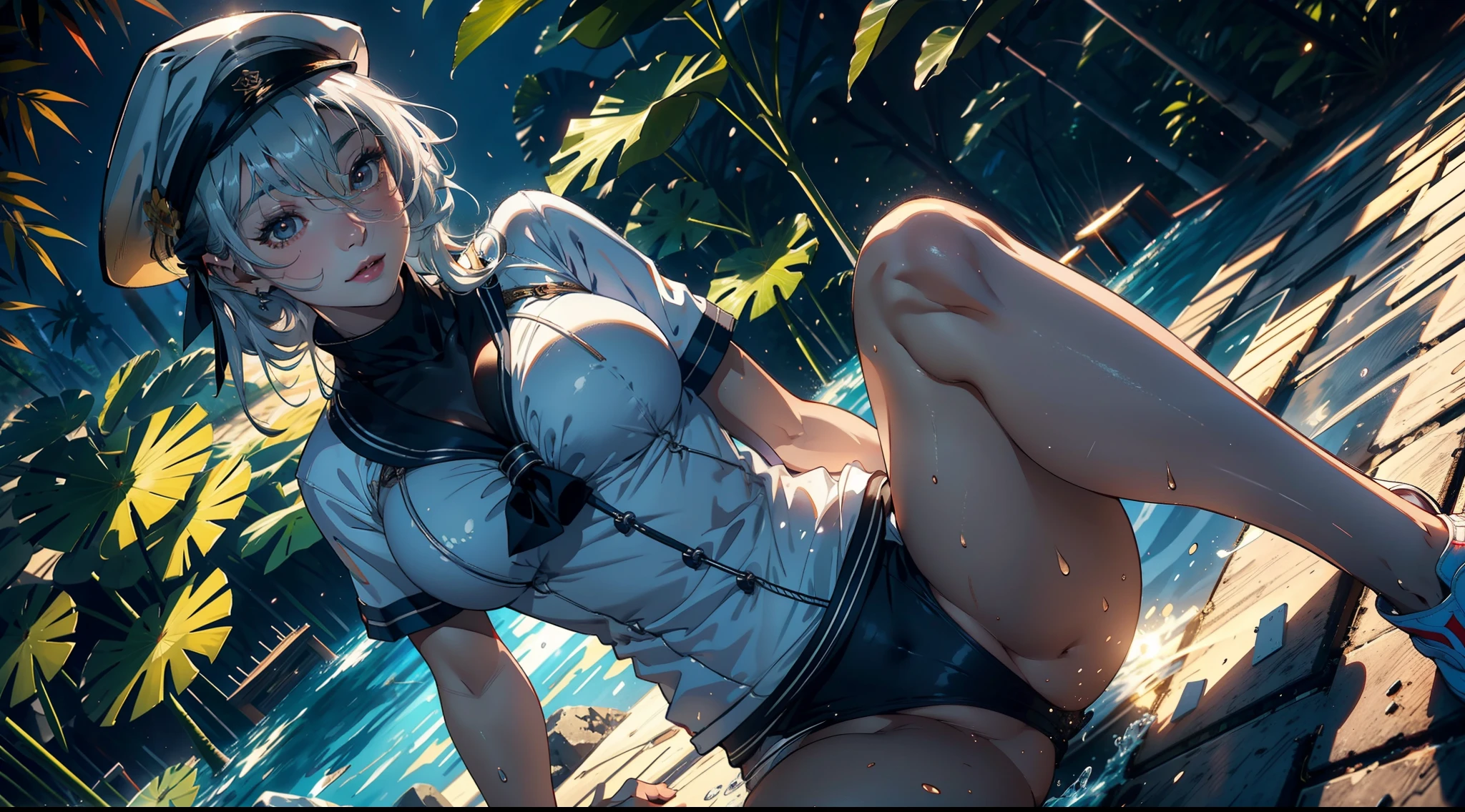1female,35yo,熟妇,long leges,Big breasts Thin waist,Slim,huge-breasted ,Pornographic exposure, 独奏,(Background with:bamboo forrest,lotuses,lotus flower,exteriors,Lotus pond) She has short silver-white hair,crawling,Sweat profusely,drenched all over the body,seen from the front, hair straight, mostly cloudy sky,(((tmasterpiece),(Very detailed CG unity 8K wallpaper),best qualtiy,cinmatic lighting,detailed back ground,beatiful detailed eyes,Bright pupils,Black eyes,(Very fine and beautiful),(Beautiful and detailed eye description),ultra - detailed,tmasterpiece,)),facing at camera,A high resolution,ultra - detailed),revealing breasts,Bare genitalia, Bulge,legs are open,Raised sexy,Camel toes,Flushed complexion,Open-mouthed,frontage,high school senior,Sailor's cap(Wearing:Sailor uniform,Bare genitalia,with no underpants,athletic sneakers)Full body photo,Show shoes