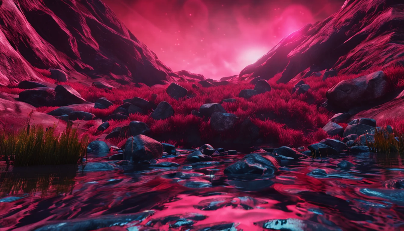 backrooms,deep in the night,Blood red silk marble floor,Waterscape cyberpunk,hyper HD,Atmospheric camping lights,There is a skylight,