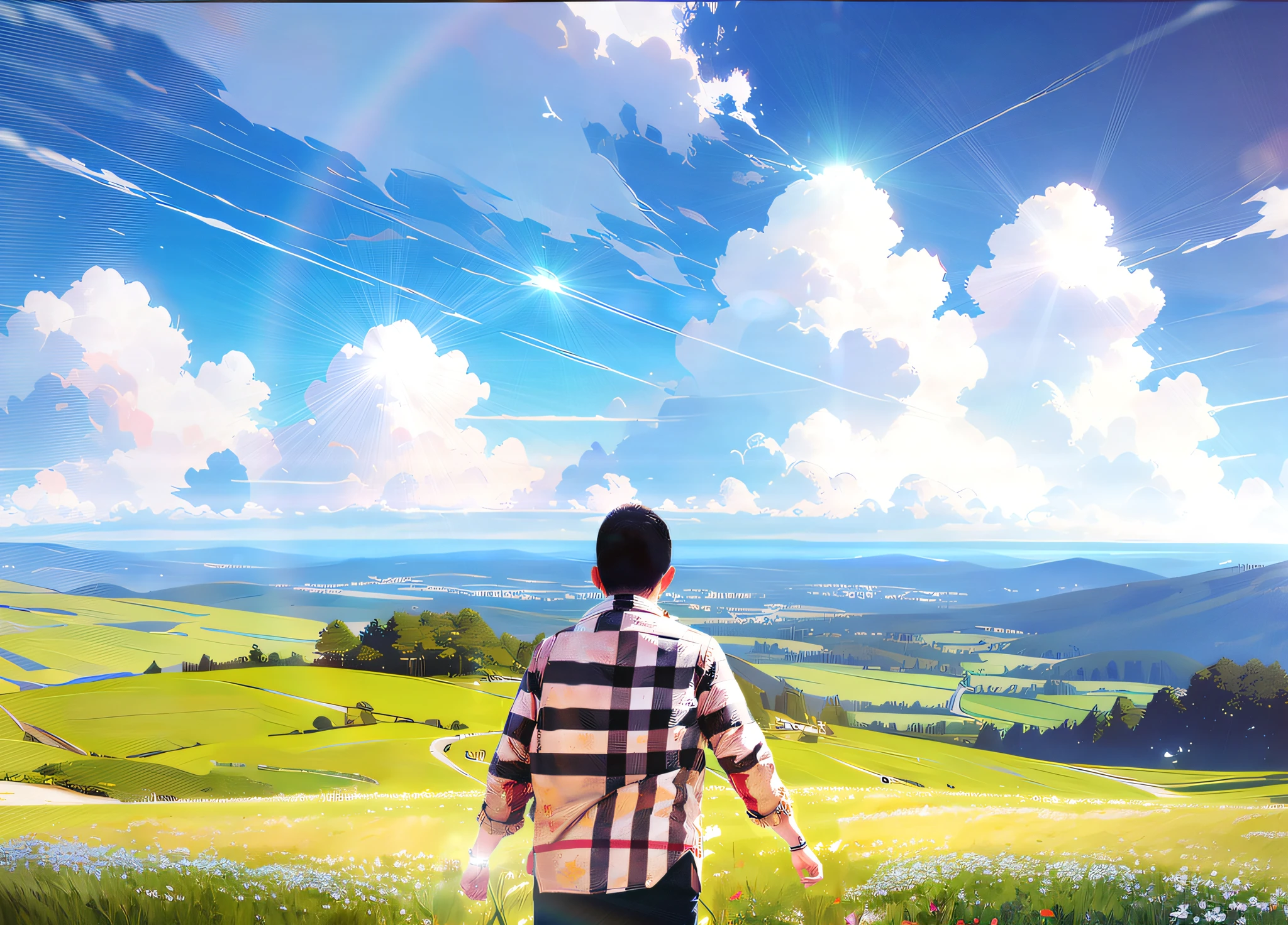 Realistic, authentic, beautiful and amazing landscape oil painting Studio Ghibli Hayao Miyazaki&#39;s petal grassland with blue sky and white clouds --v6