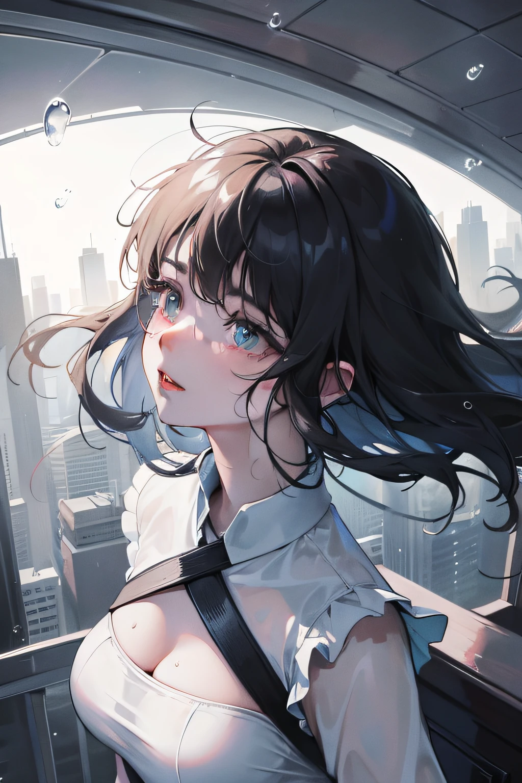 A age female,The upper part of the body, Cry for love, At the top of the building, Heavy raindrops fell, wetclothes, Wet hair, Clear face, Solitude, streaming tears, eyes reflection, streaming tears, teardrop, Ray traching, reflective light, lightand shade contrast, cinmatic lighting, closeup cleavage, tmasterpiece, best qualtiy, high detal, A high resolution, ccurate, textureskin, high high quality, hyper HD, HD