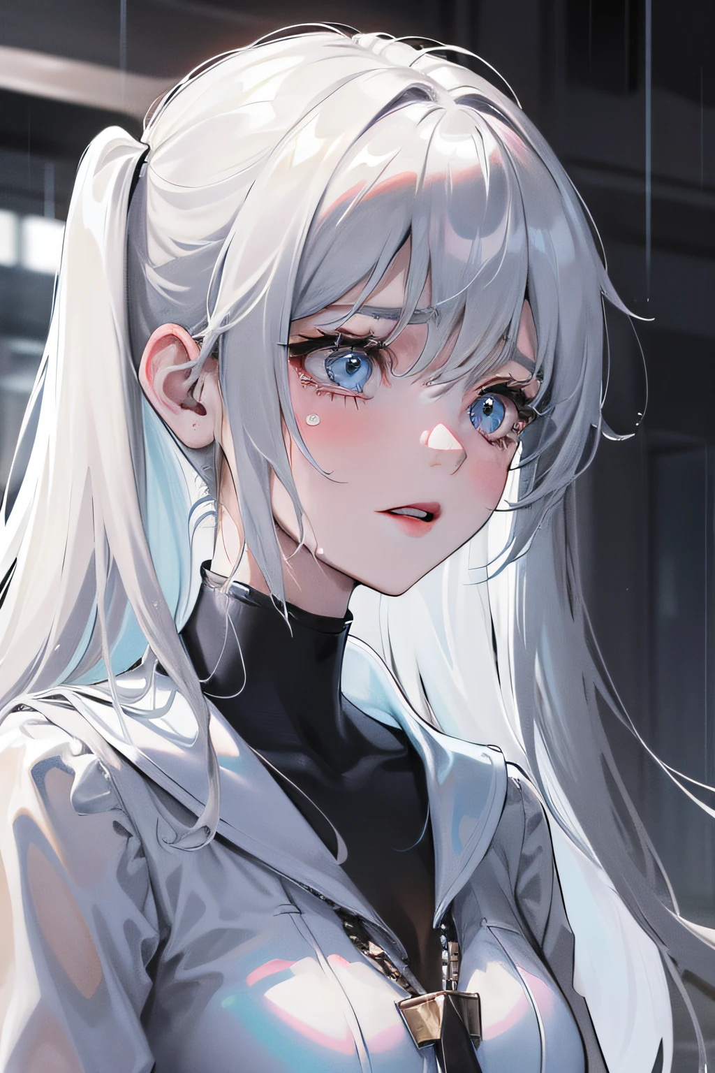 A age female,The upper part of the body, Cry for love, At the top of the building, Heavy raindrops fell, wetclothes, Wet hair, Clear face, Solitude, streaming tears, eyes reflection, streaming tears, teardrop, Ray traching, reflective light, lightand shade contrast, cinmatic lighting, closeup cleavage, tmasterpiece, best qualtiy, high detal, A high resolution, ccurate, textureskin, high high quality, hyper HD, HD