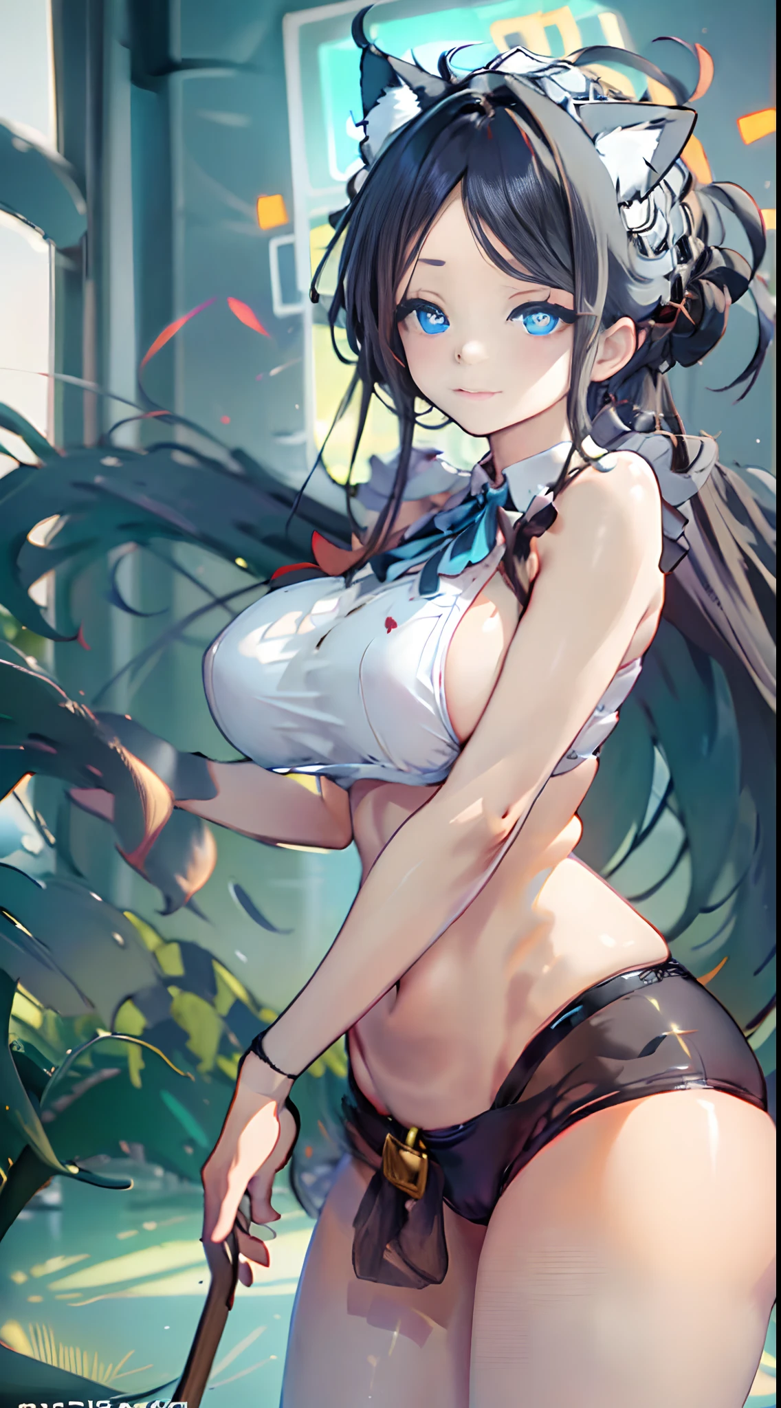 Cheers Saki | Blue Archives, Iwhole Body, (NSTDA.:1.2), (10, beste-Qualit, master-piece: 1.4), ultra-high resolution, (Realistic, photorealistic portrait: 1.48), 25-year-old girl , ( Micro Beetle View - Bikini Pass:1.11), Famous Japanese celebrities, gigantic breasts, Blue Eyes, Head Tilted,Love cat ears, cowboy shot., View from the front, looking at the audience, Act like a cat.., Beautiful Sea Zeiss f 150mm/ 2.8 Hasselblad, Whole body, foot , Ultra-Wide Angle