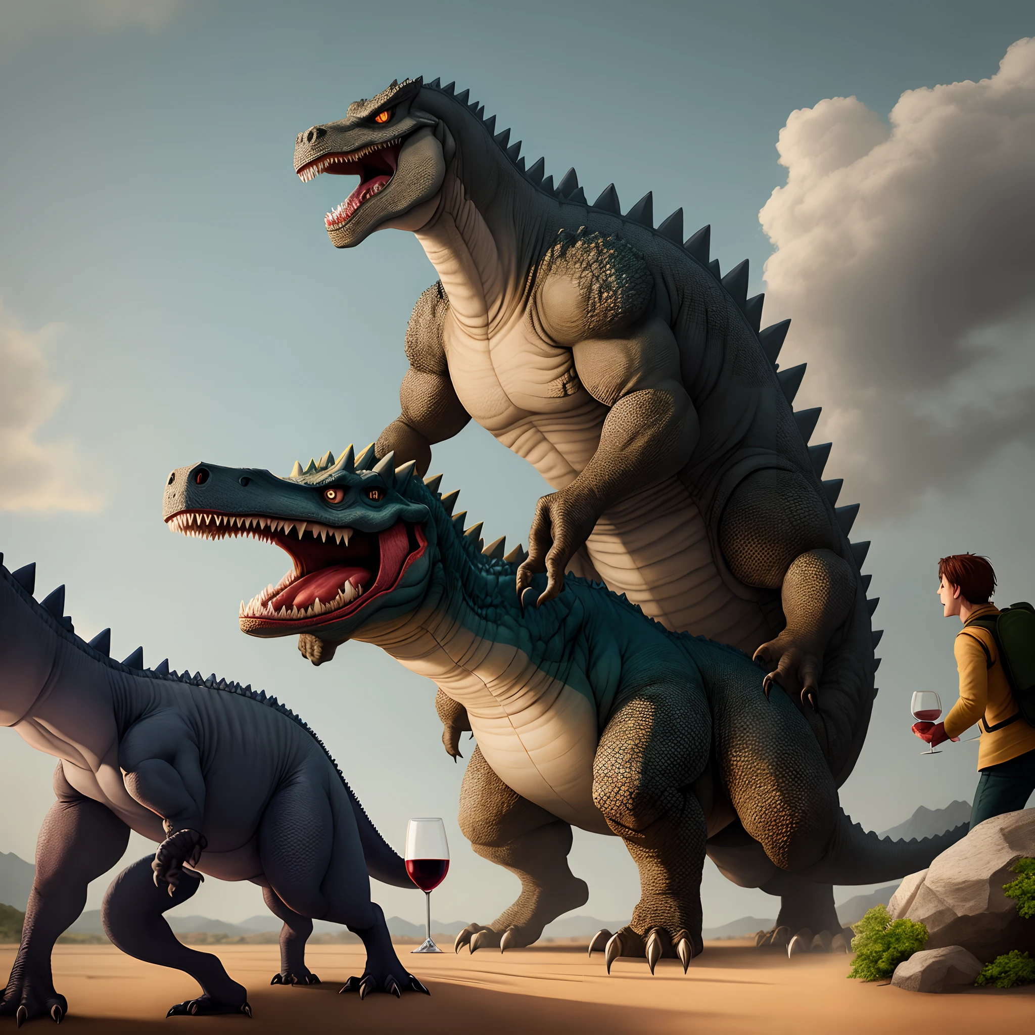Dinosaur Anti-Wolf fights Godzilla with a wine glass