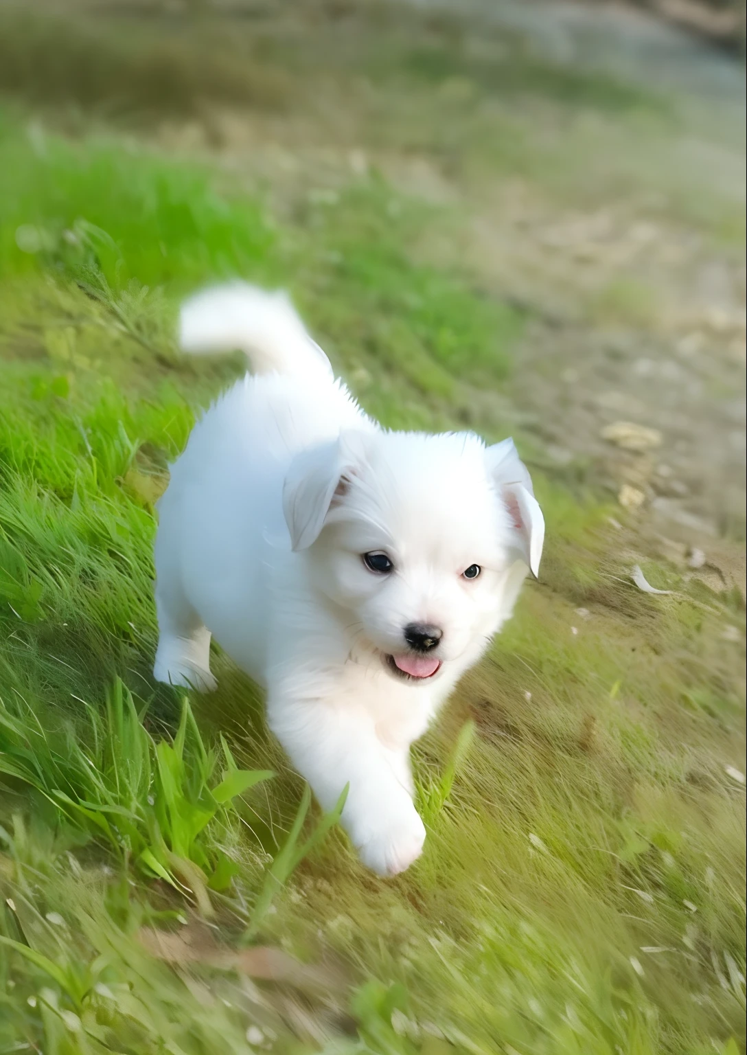 there is a small white dog that is walking in the grass, puppy, beautiful cute, with cute doting eyes, pomeranian mix, he is very happy, adorable, just a cute little thing, cute beautiful, cute dog, cute adorable, super adorable, with a happy expression, incredibly cute, painfully adorable, crawling towards the camera, super cute and friendly