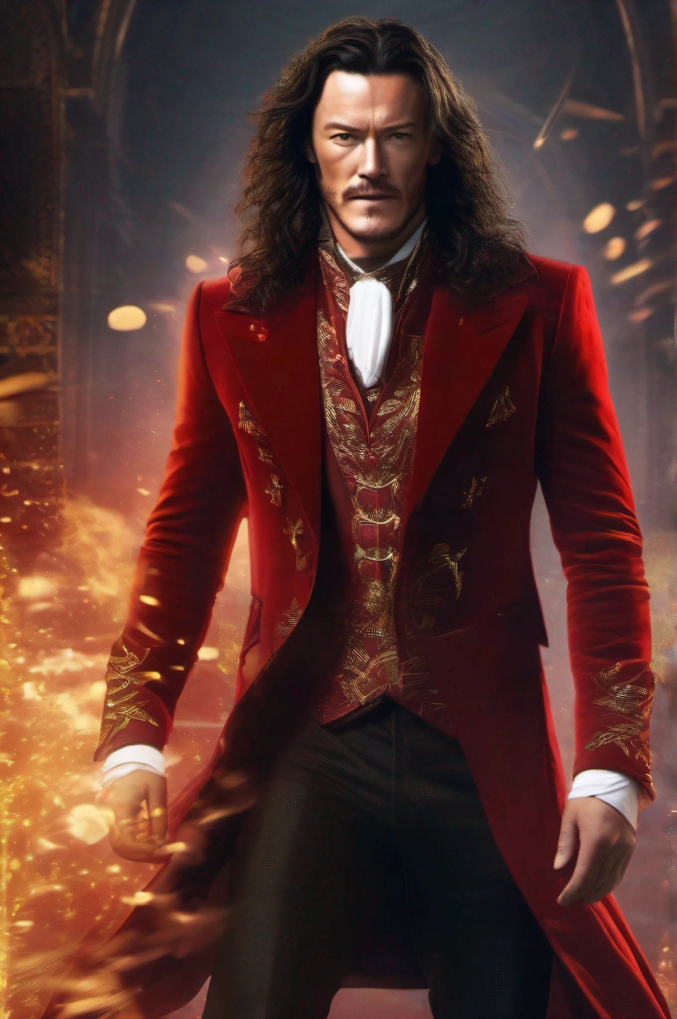 half-body portrait, long haired Luke Evans as a modern arcanist, he wears a red suit with golden details, secret society, supernatural, fantasy, magic, mage, arcanist, special effects, 4k render