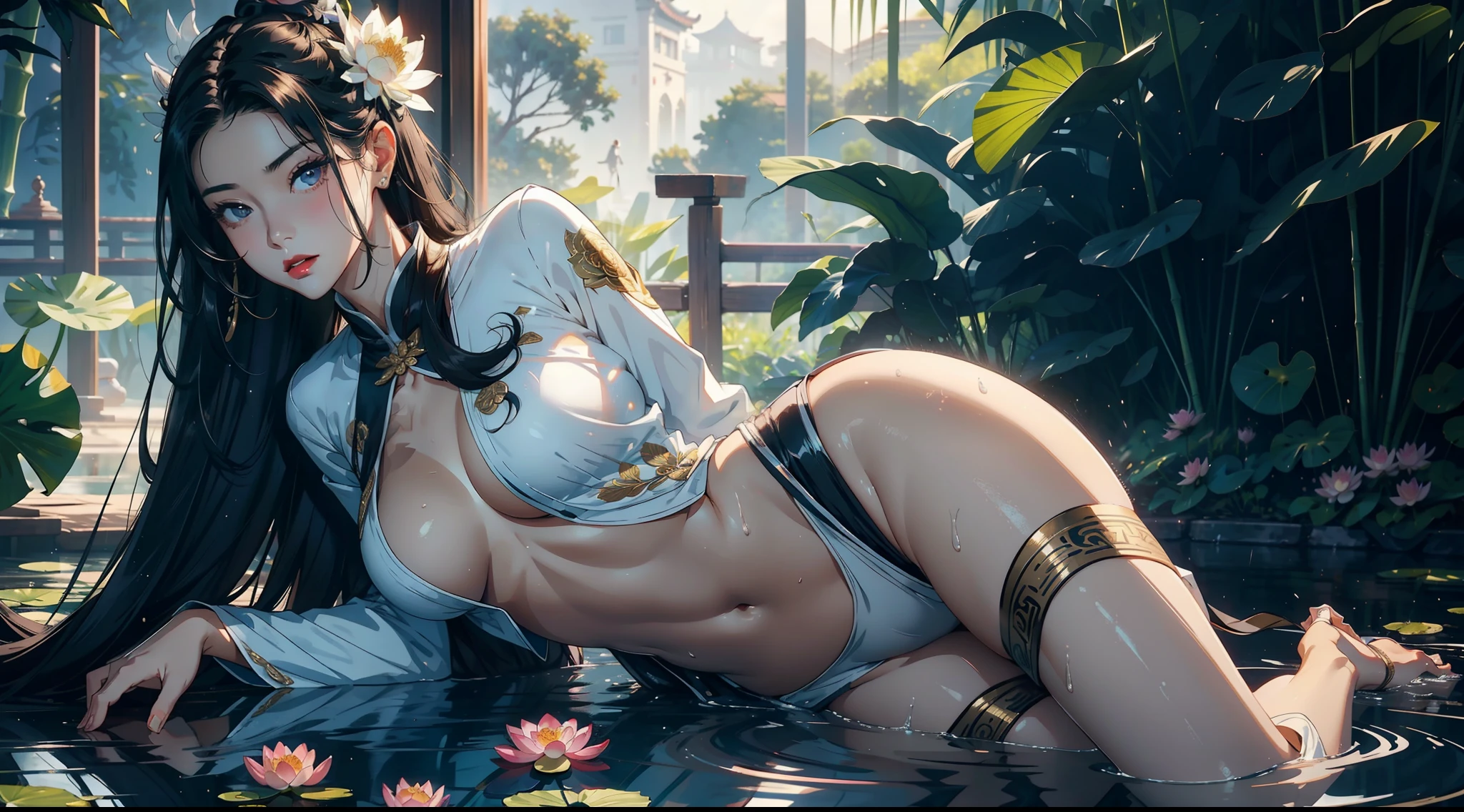 1female,36 years old,熟妇,mature,Bigchest,Big breasts Thin waist,long leges,Raised sexy,Pornographic exposure, 独奏,(Background with:Surrounded by lotus flowers,bamboo forrest,Lotus pond) She has short black hair,Sweat profusely,drenched all over the body,seen from the front, hair straight, mostly cloudy sky,(((tmasterpiece),(Very detailed CG unity 8K wallpaper),best qualtiy,cinmatic lighting,detailed back ground,beatiful detailed eyes,Bright pupils,(Very fine and beautiful),(Beautiful and detailed eye description),Black eyes,Redlip,ultra - detailed,tmasterpiece,)),facing at camera,(The upper part of the body),A high resolution,ultra - detailed),revealing breasts,Bare genitalia, Bulge,legs are open,sexyposture,Camel toes,Flushed complexion,Open-mouthed,frontage,gallant woman,Wuxia style,A ball head,Lotus hair ornaments(Wearing:White transparent cheongsam)
