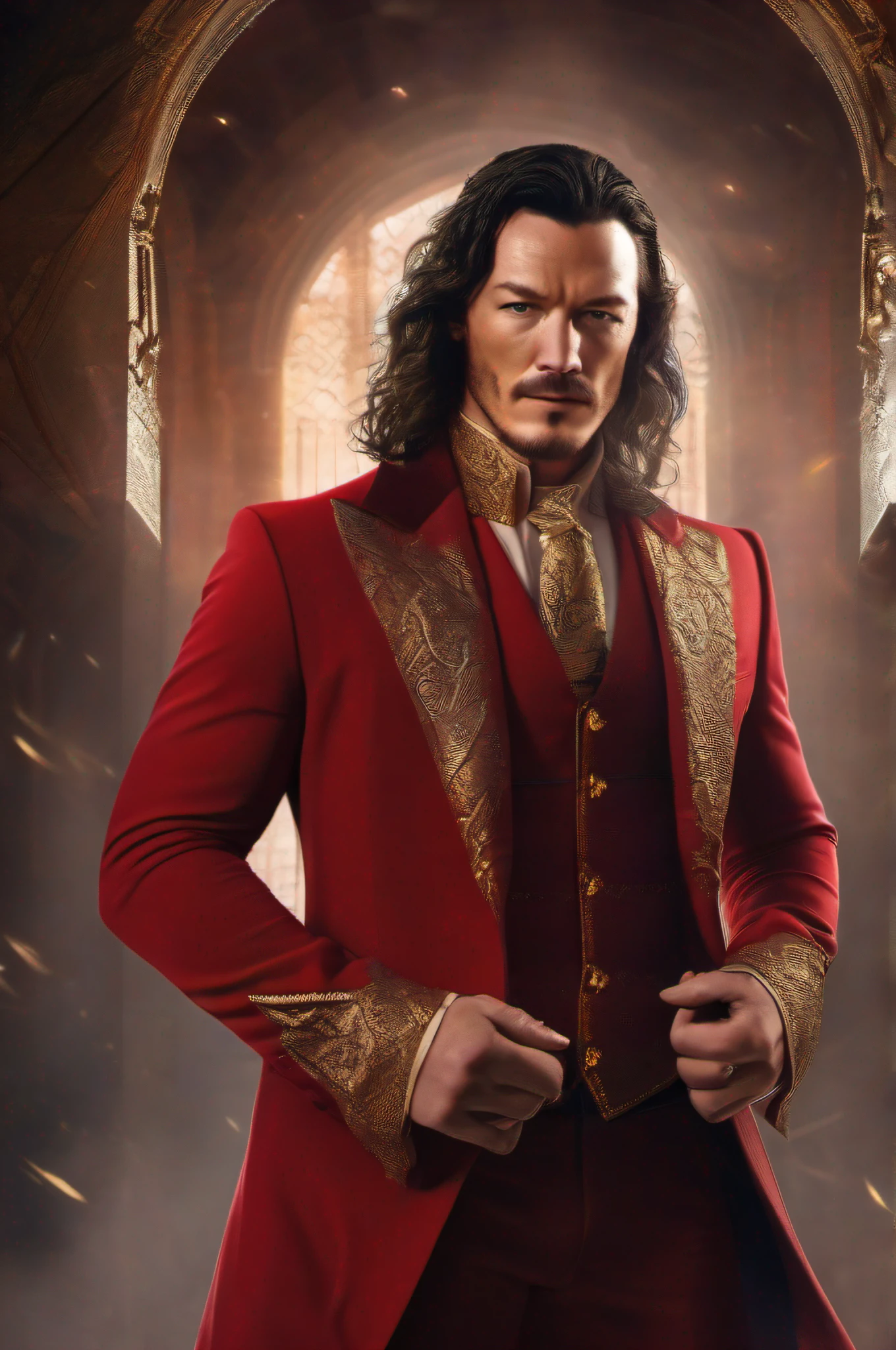 half-body portrait, long haired Luke Evans as a modern arcanist, he wears a red suit with golden details, secret society, supernatural, fantasy, magic, mage, arcanist, special effects, 4k render