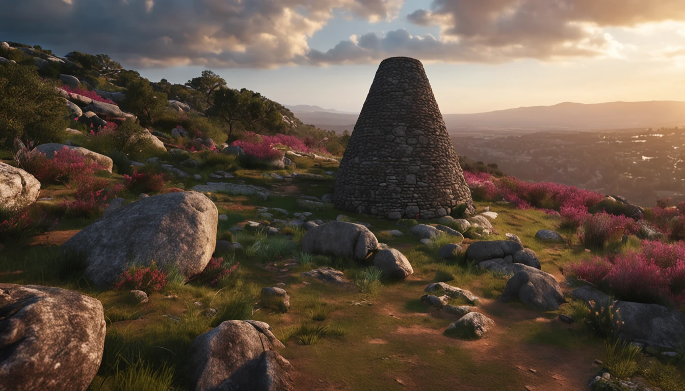 "(An enchanting Sardininan Nuraghe amidst a vibrant forest, illuminated by lateral lighting, captured from a dynamic low-angle perspective, showcasing an exceptional level of detail)"