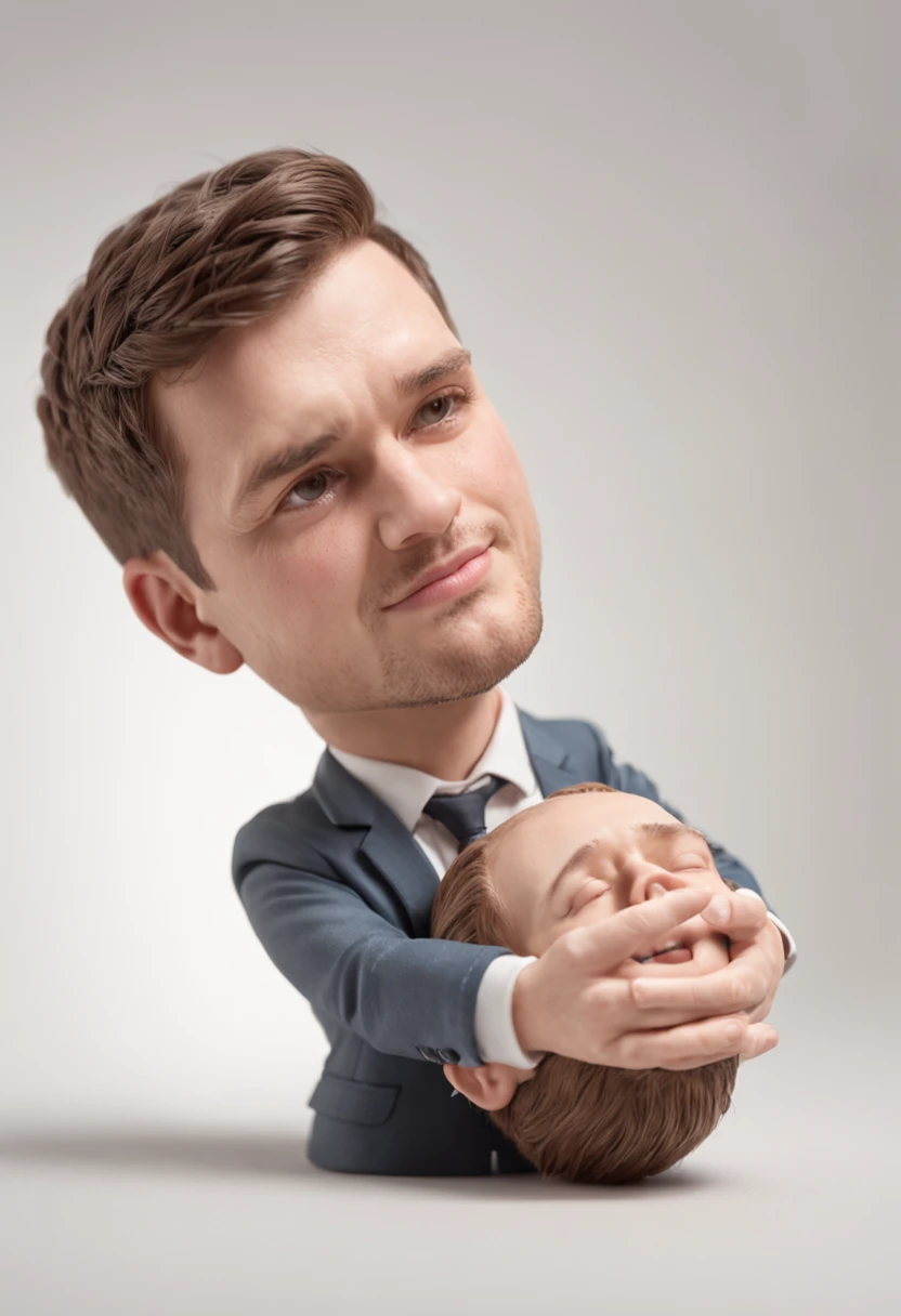 Michael Bublé Singer, outstretched arms holding half a broken heart into 2 pieces cute big head, Cuerpo entero de pie, isometric view of a cute MINI, hiperrealista, fondo blanco, realista, retrato, 12k, Latin Music, Altamente detallado, alejado,