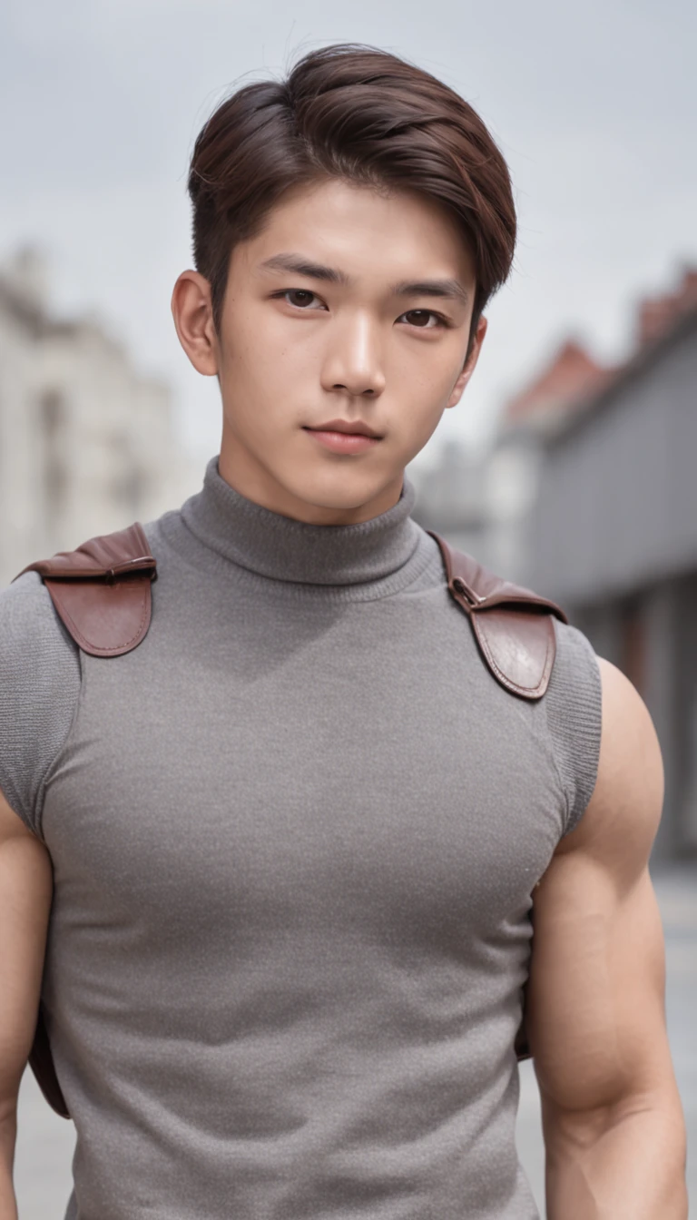 An Asian youth brunette boy,The body is slightly chubby,Wear a gray turtleneck sweater shoulder vest,Pectoral muscles loom under the clothes,The arms are thick,There is a little muscle line,Wear a pair of brownish shorts and a black belt,and a pair of black leather sandals,Stand next to the city road,Look down at your phone