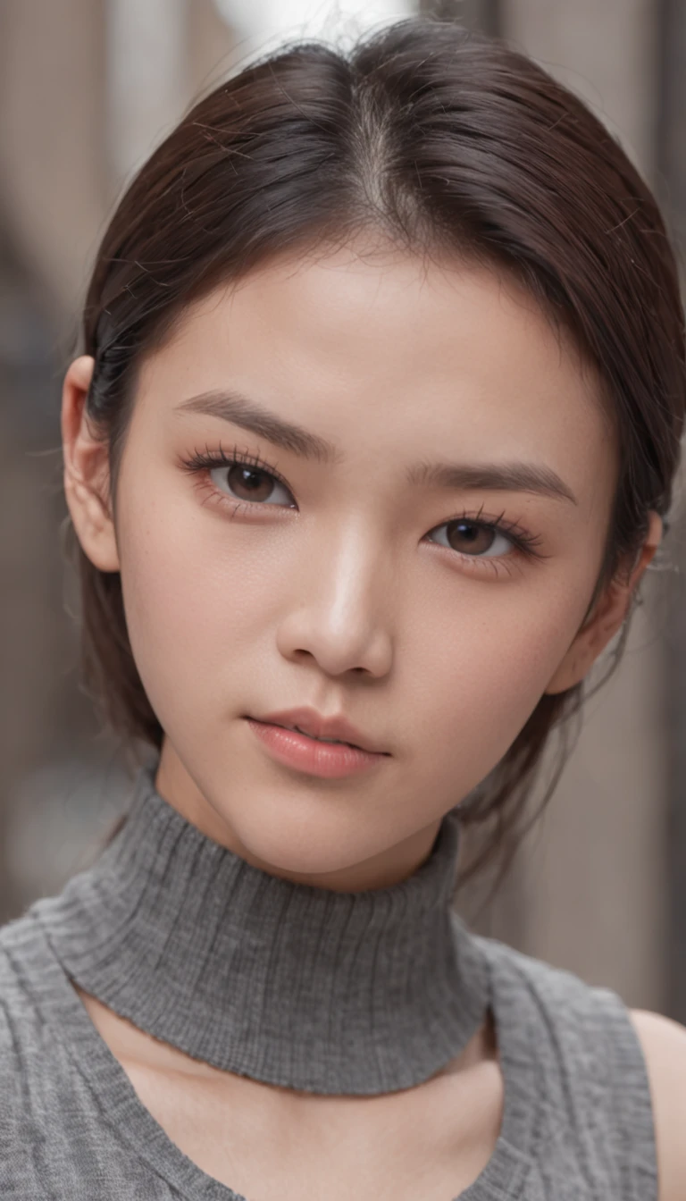 ((Detailed face)),vivid,cute,Turtleneck and sleeveless top in black stripes,4K,Ultra-high resolution,（Photorealistic：1.7）,Gray background,Long black hair,